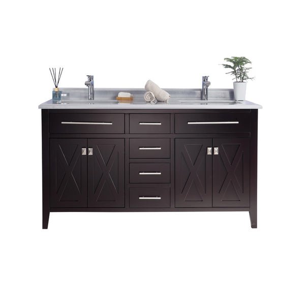 Wimbledon 60 Brown Double Sink Bathroom Vanity with White Stripes Marble Countertop