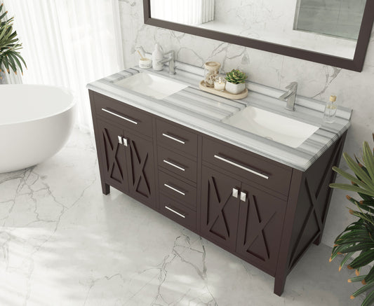 Wimbledon 60" Brown Double Sink Bathroom Vanity with White Stripes Marble Countertop