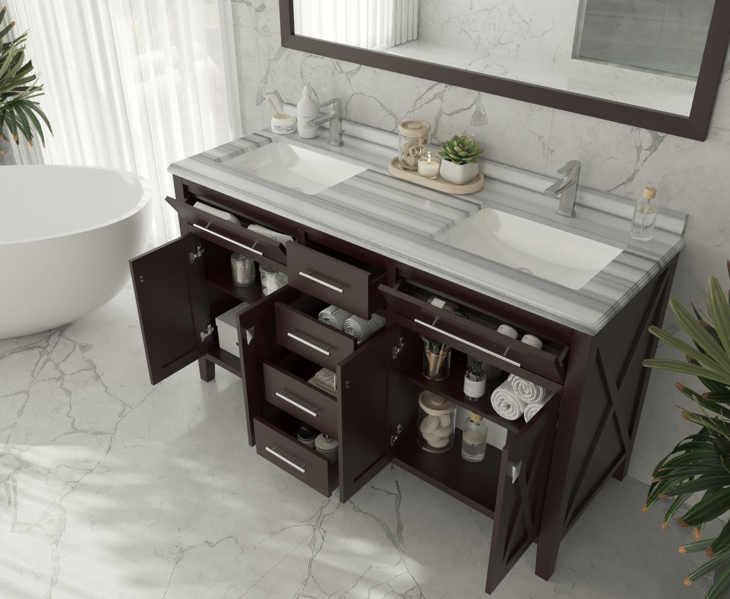 Wimbledon 60" Brown Double Sink Bathroom Vanity with White Stripes Marble Countertop