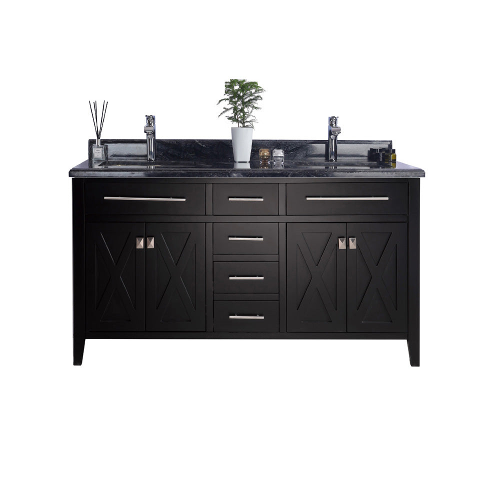 Wimbledon 60" Espresso Double Sink Bathroom Vanity with Black Wood Marble Countertop