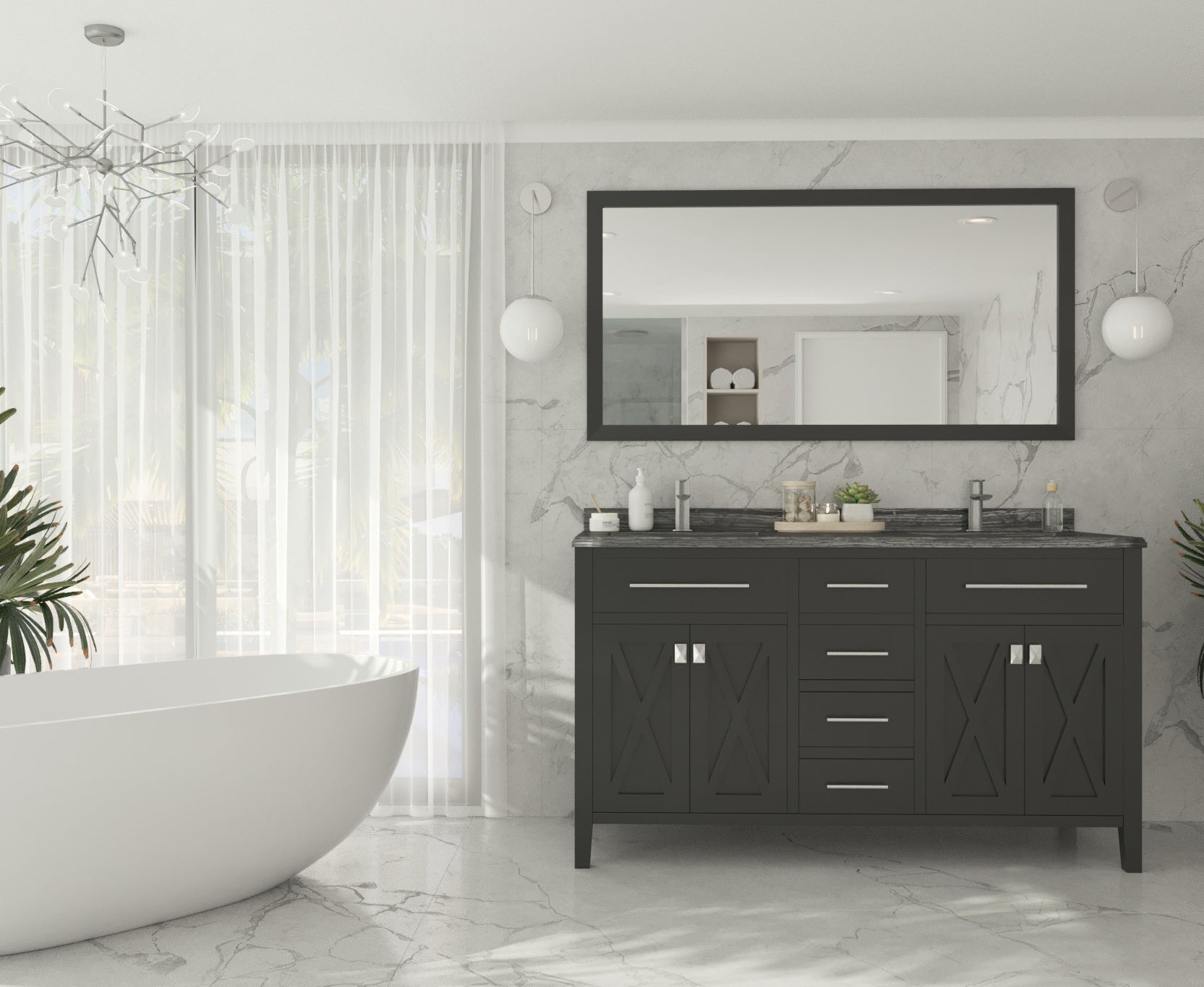 Wimbledon 60" Espresso Double Sink Bathroom Vanity with Black Wood Marble Countertop