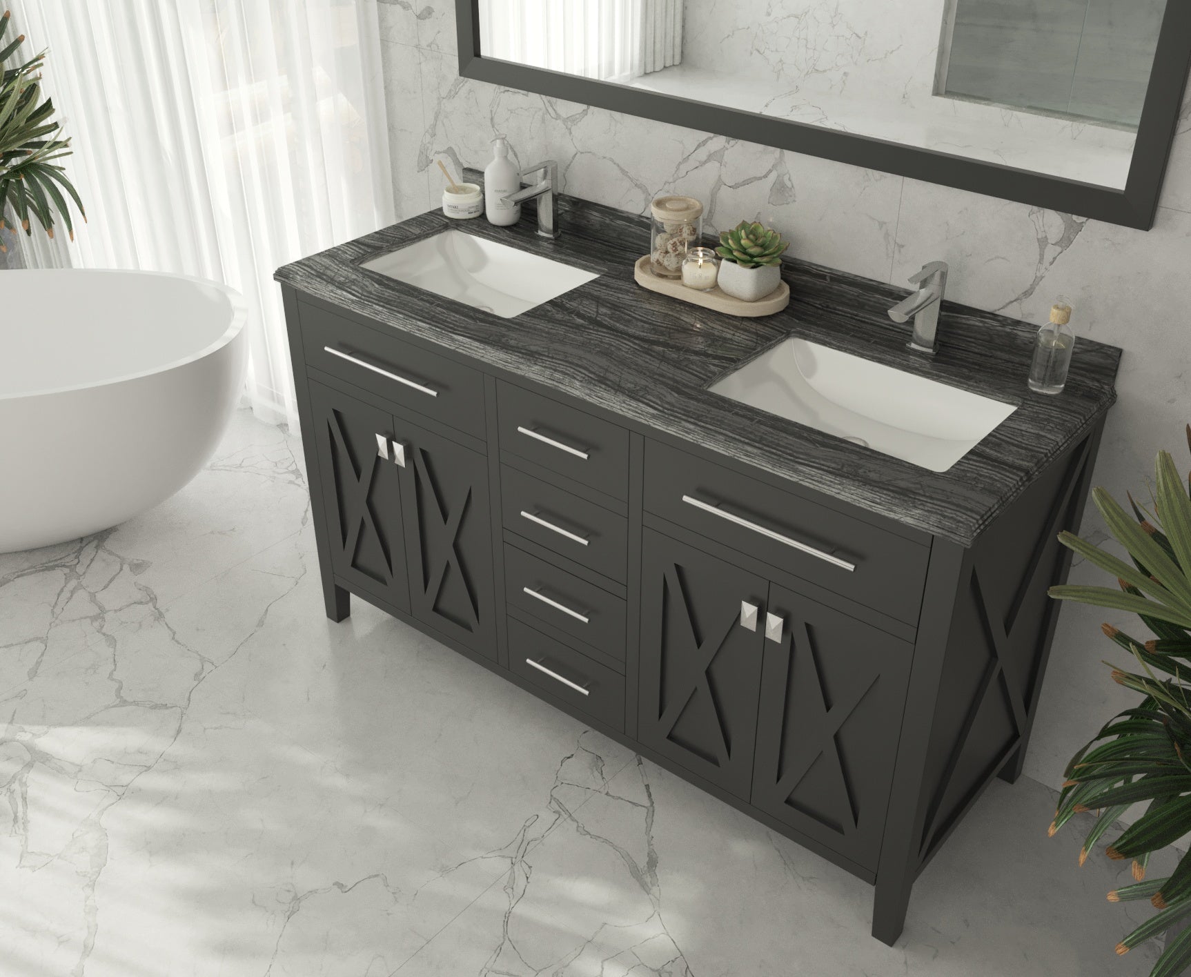 Wimbledon 60" Espresso Double Sink Bathroom Vanity with Black Wood Marble Countertop