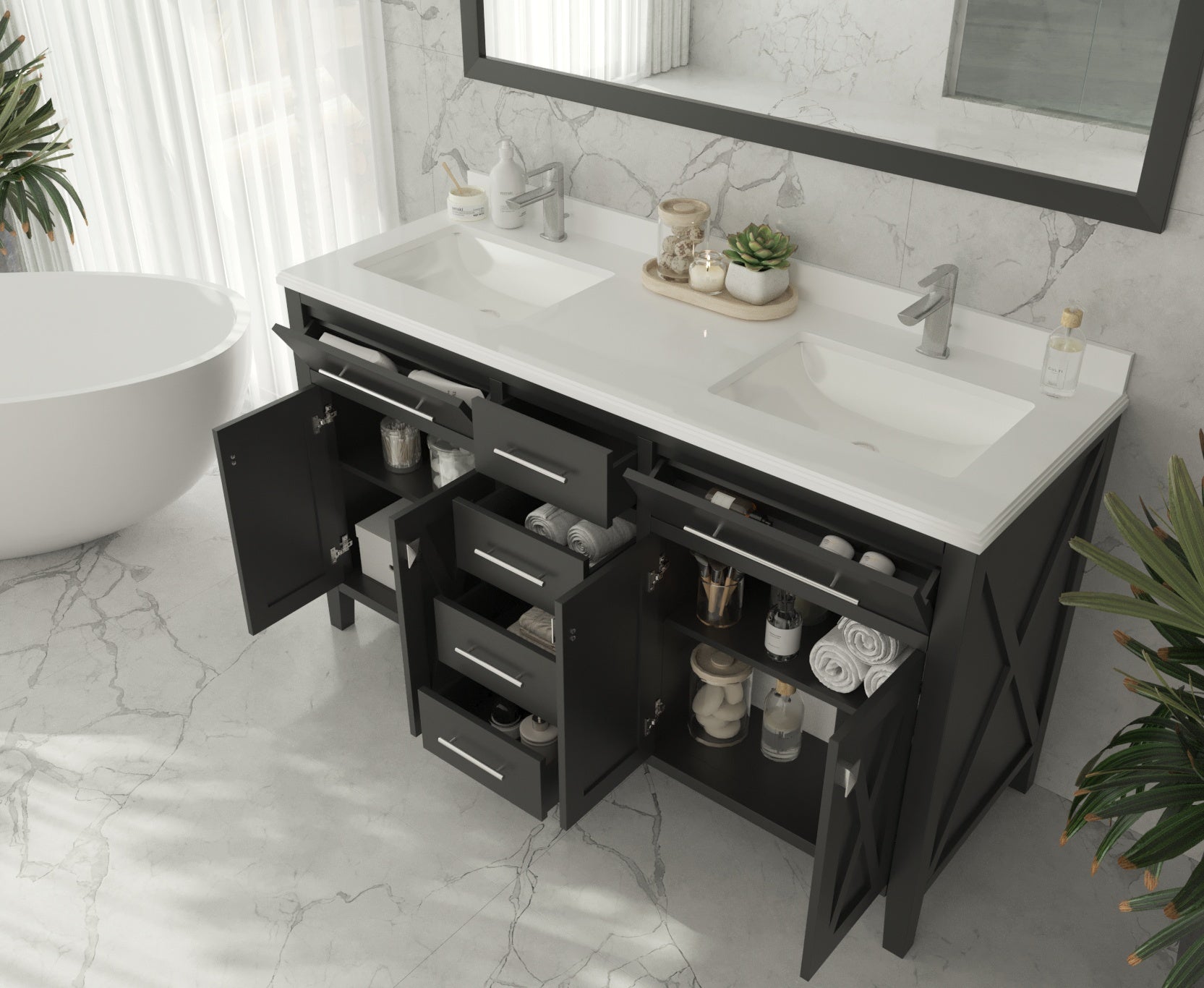 Wimbledon 60" Espresso Double Sink Bathroom Vanity with Black Wood Marble Countertop