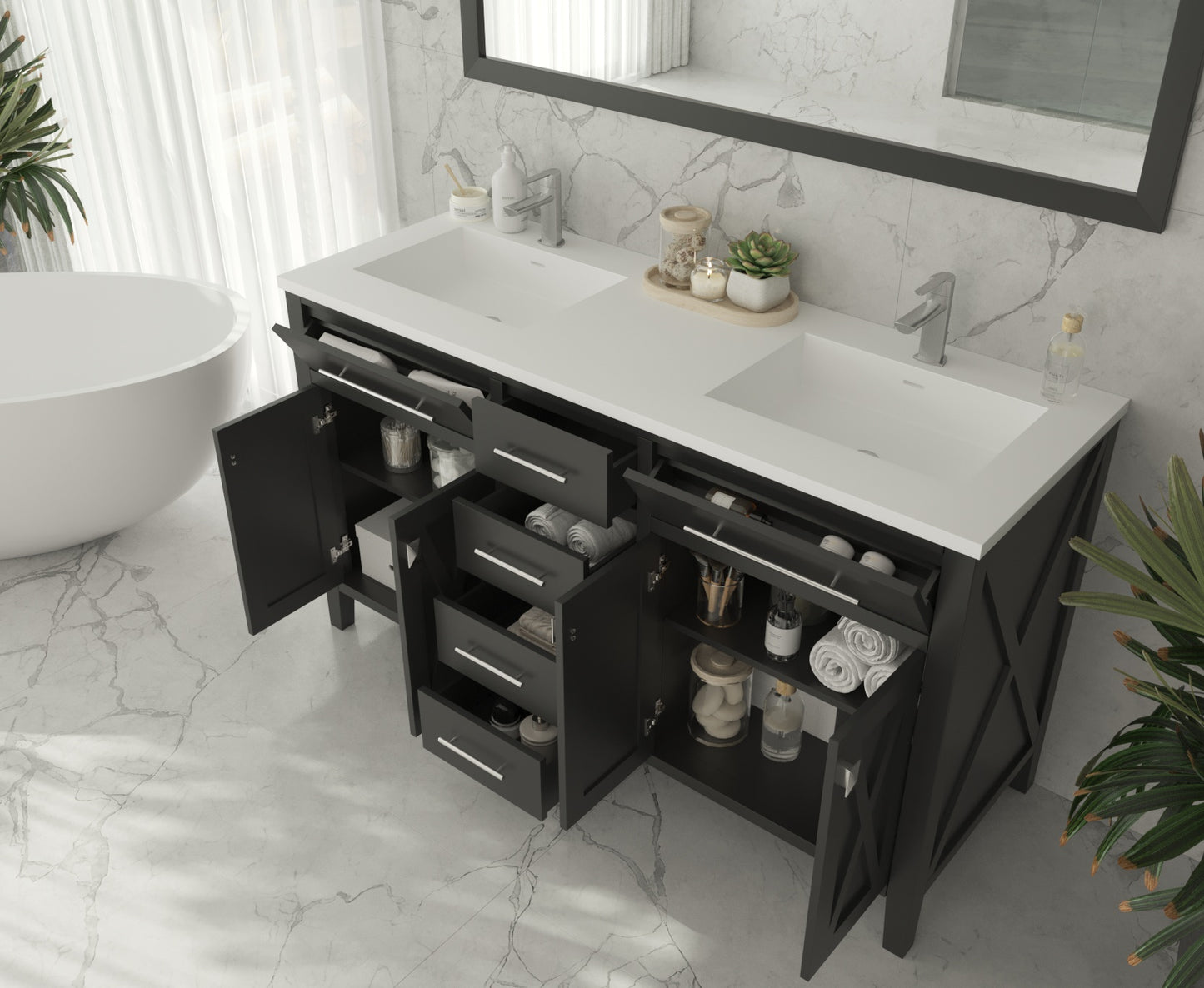 Wimbledon 60" Espresso Double Sink Bathroom Vanity with Matte White VIVA Stone Solid Surface Countertop