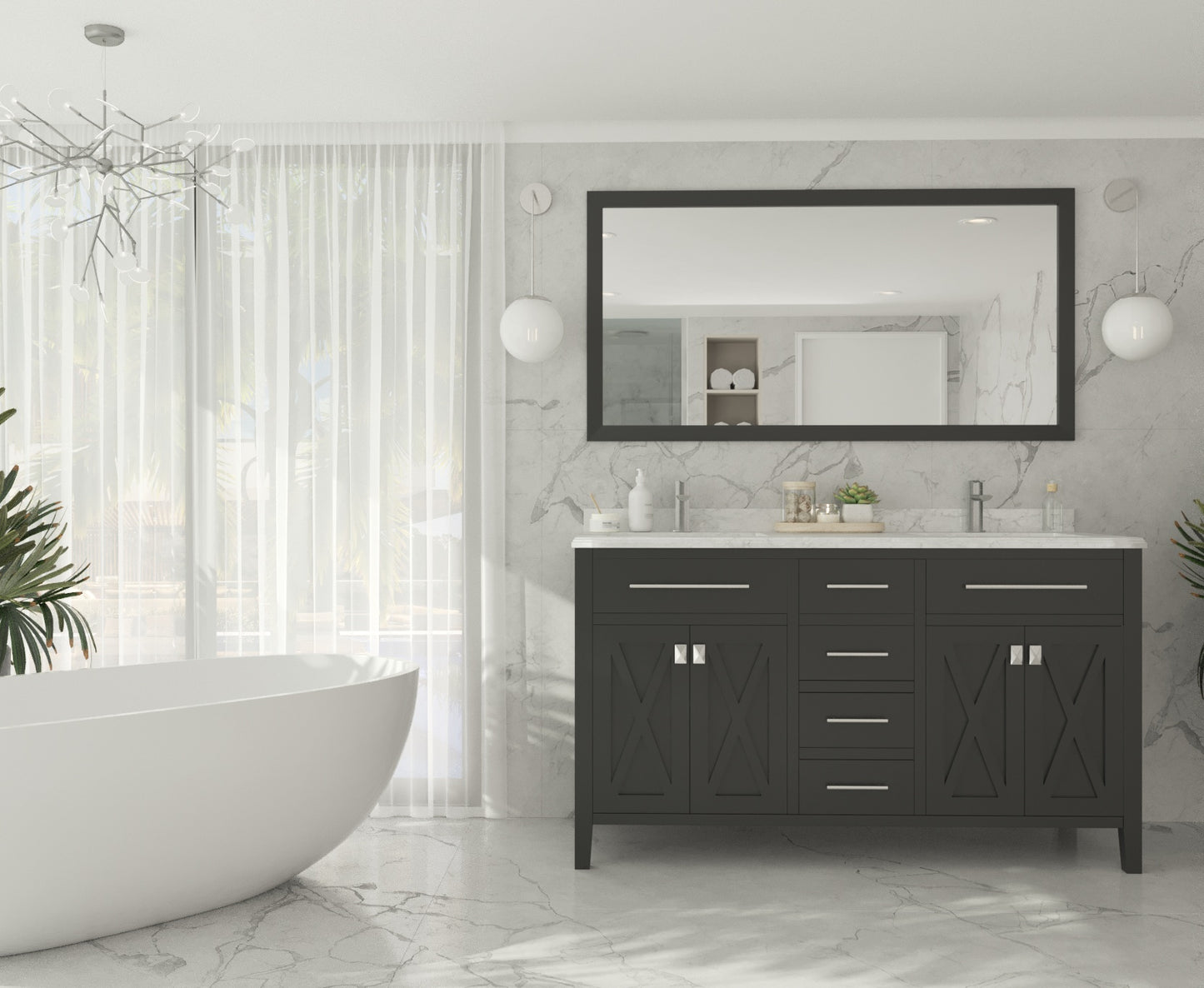 Wimbledon 60" Espresso Double Sink Bathroom Vanity with White Carrara Marble Countertop