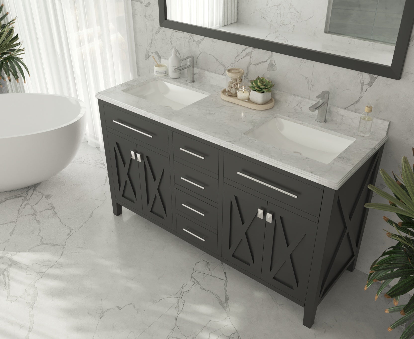 Wimbledon 60" Espresso Double Sink Bathroom Vanity with White Carrara Marble Countertop