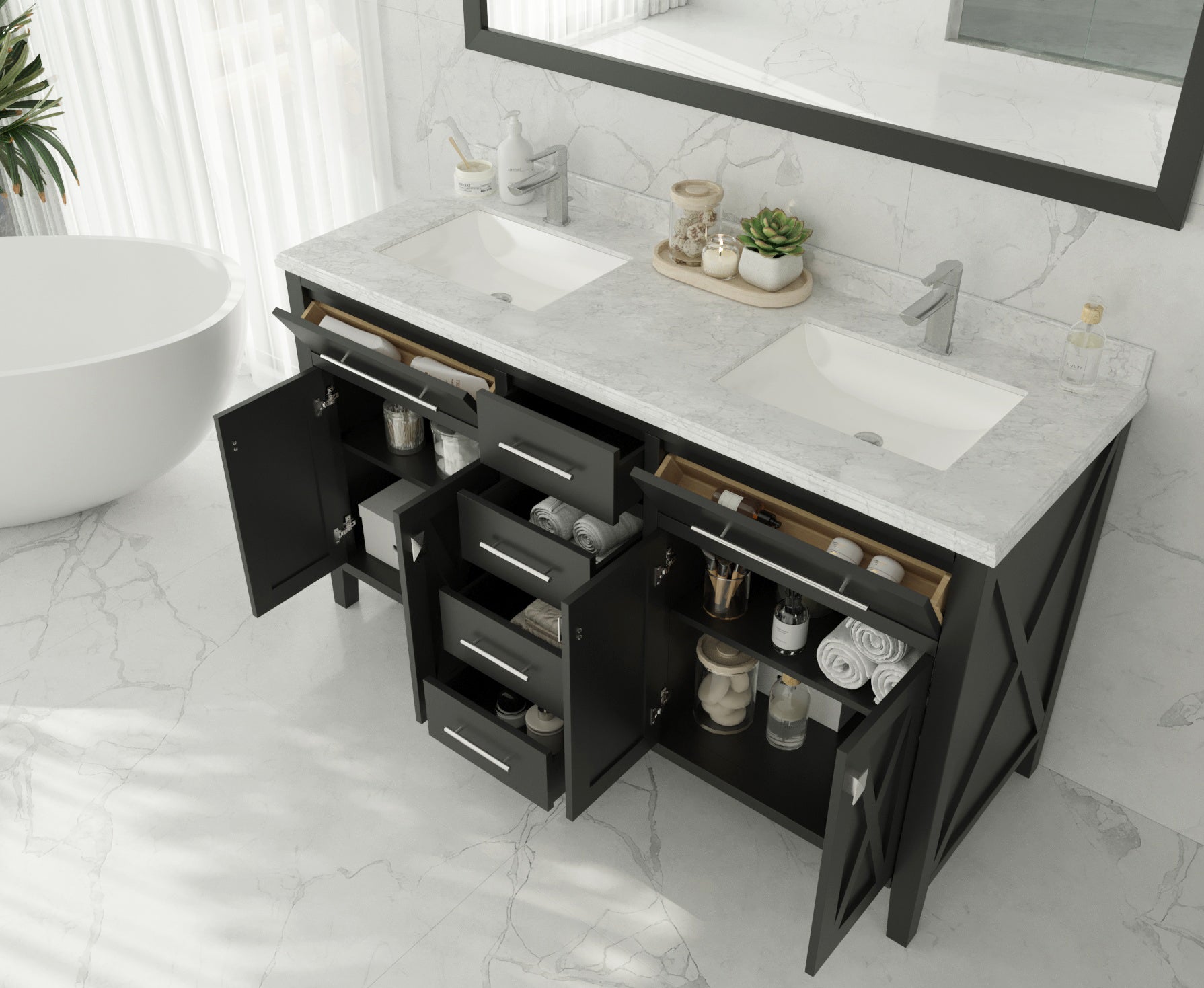 Wimbledon 60" Espresso Double Sink Bathroom Vanity with White Carrara Marble Countertop