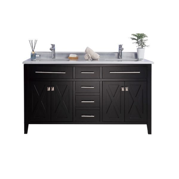 Wimbledon 60 Espresso Double Sink Bathroom Vanity with White Stripes Marble Countertop