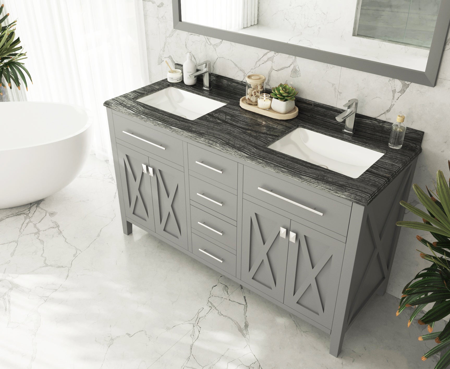 Wimbledon 60" Grey Double Sink Bathroom Vanity with Black Wood Marble Countertop