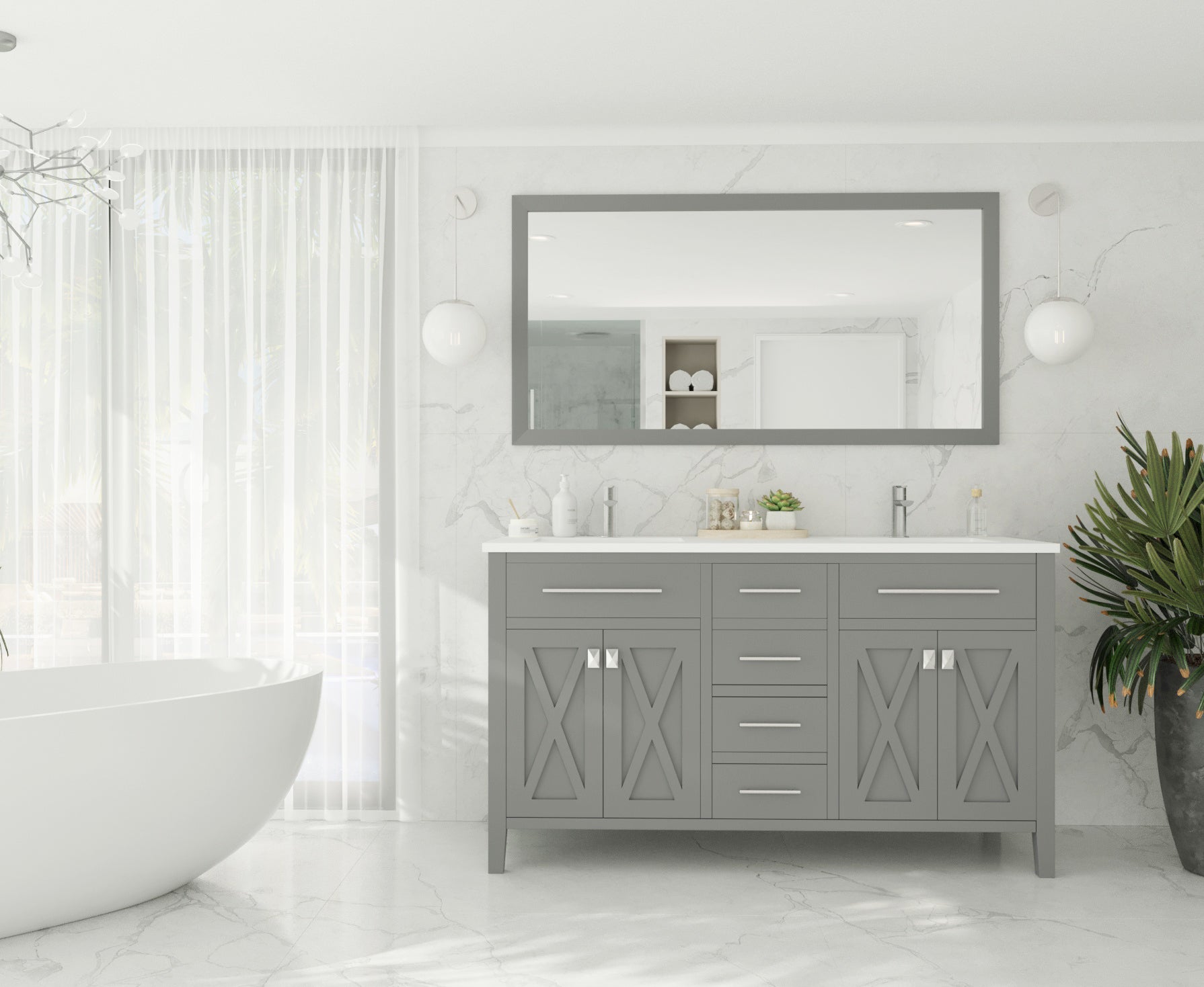 Wimbledon 60" Grey Double Sink Bathroom Vanity with Matte White VIVA Stone Solid Surface Countertop