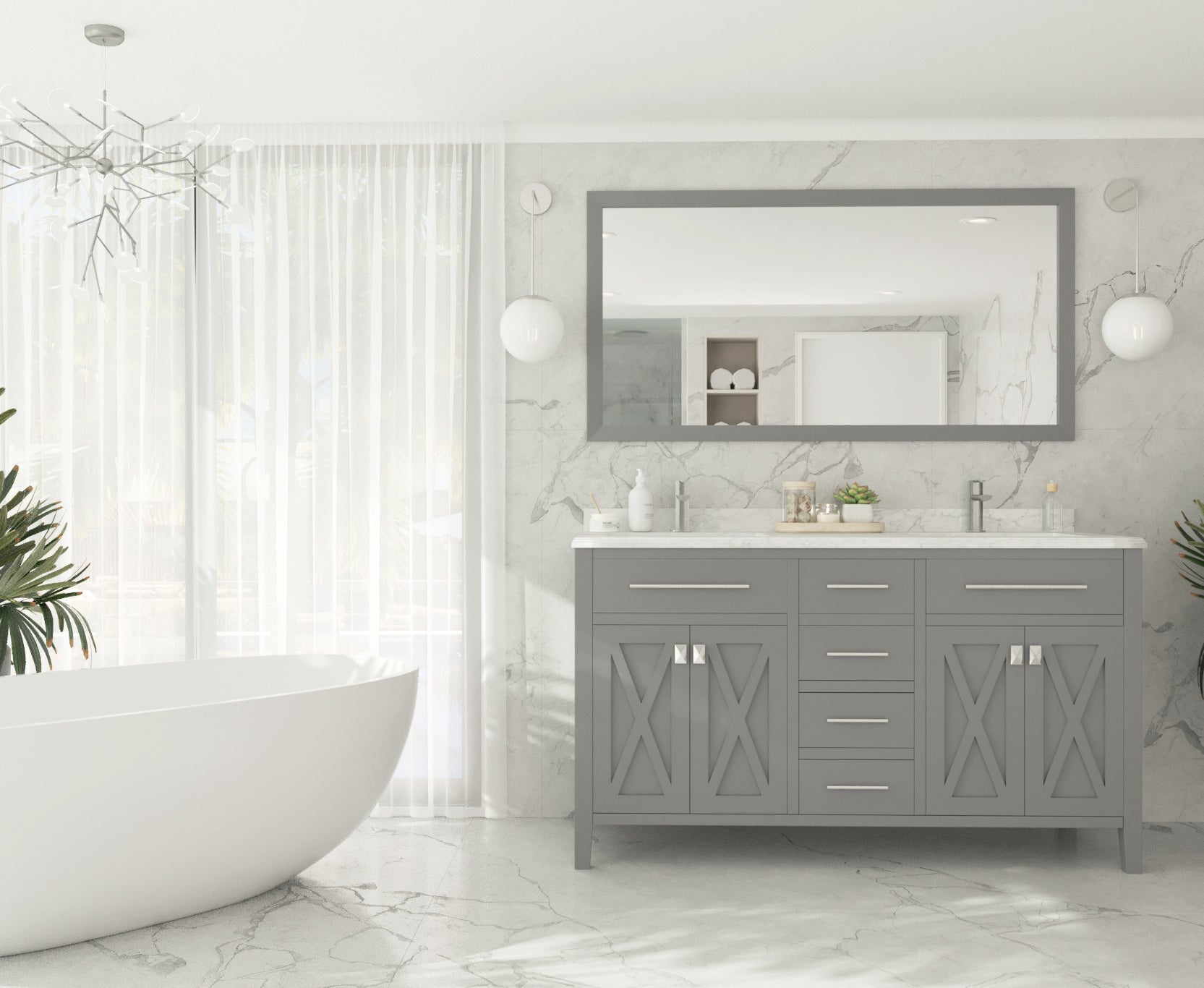 Wimbledon 60" Grey Double Sink Bathroom Vanity with White Carrara Marble Countertop