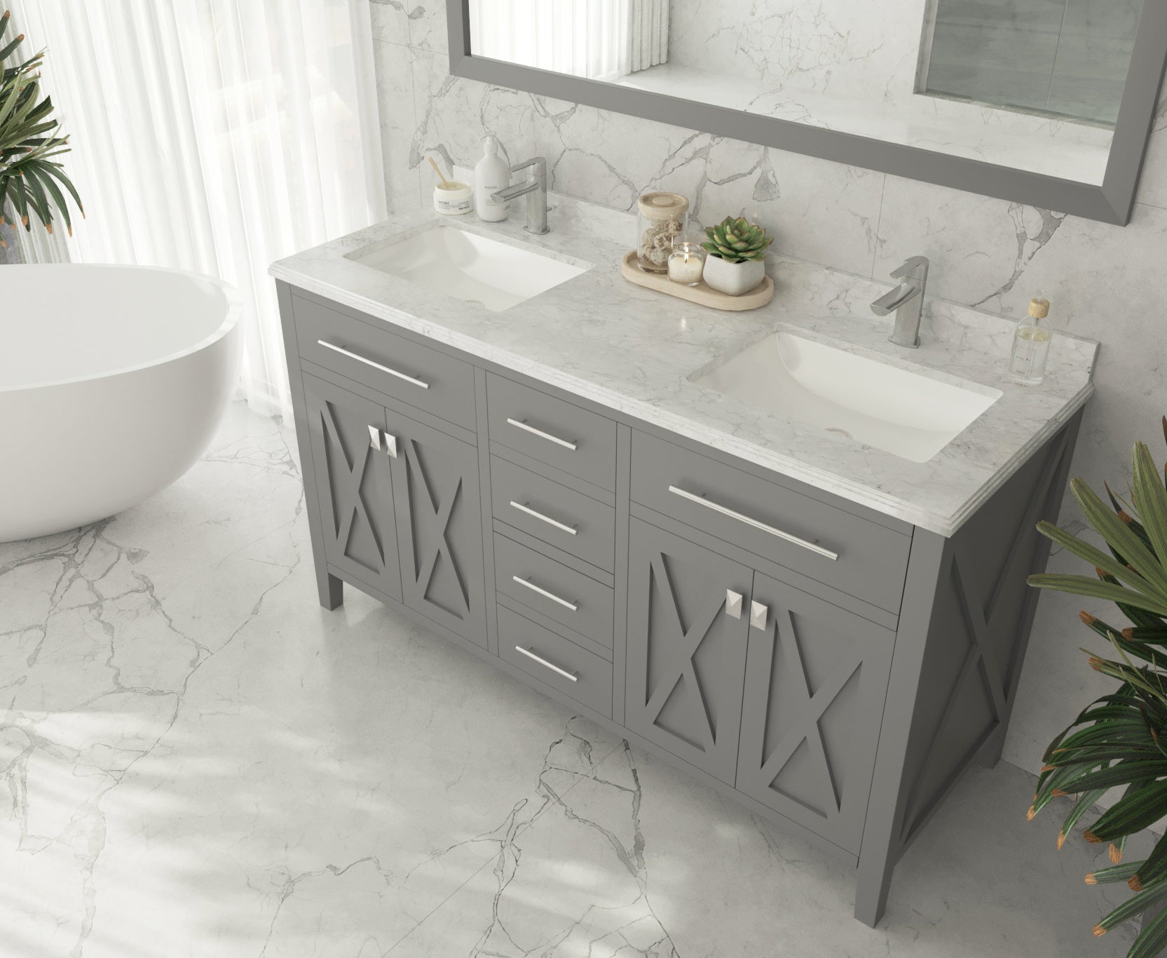 Wimbledon 60" Grey Double Sink Bathroom Vanity with White Carrara Marble Countertop