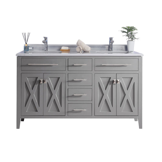 Wimbledon 60" Grey Double Sink Bathroom Vanity with White Stripes Marble Countertop