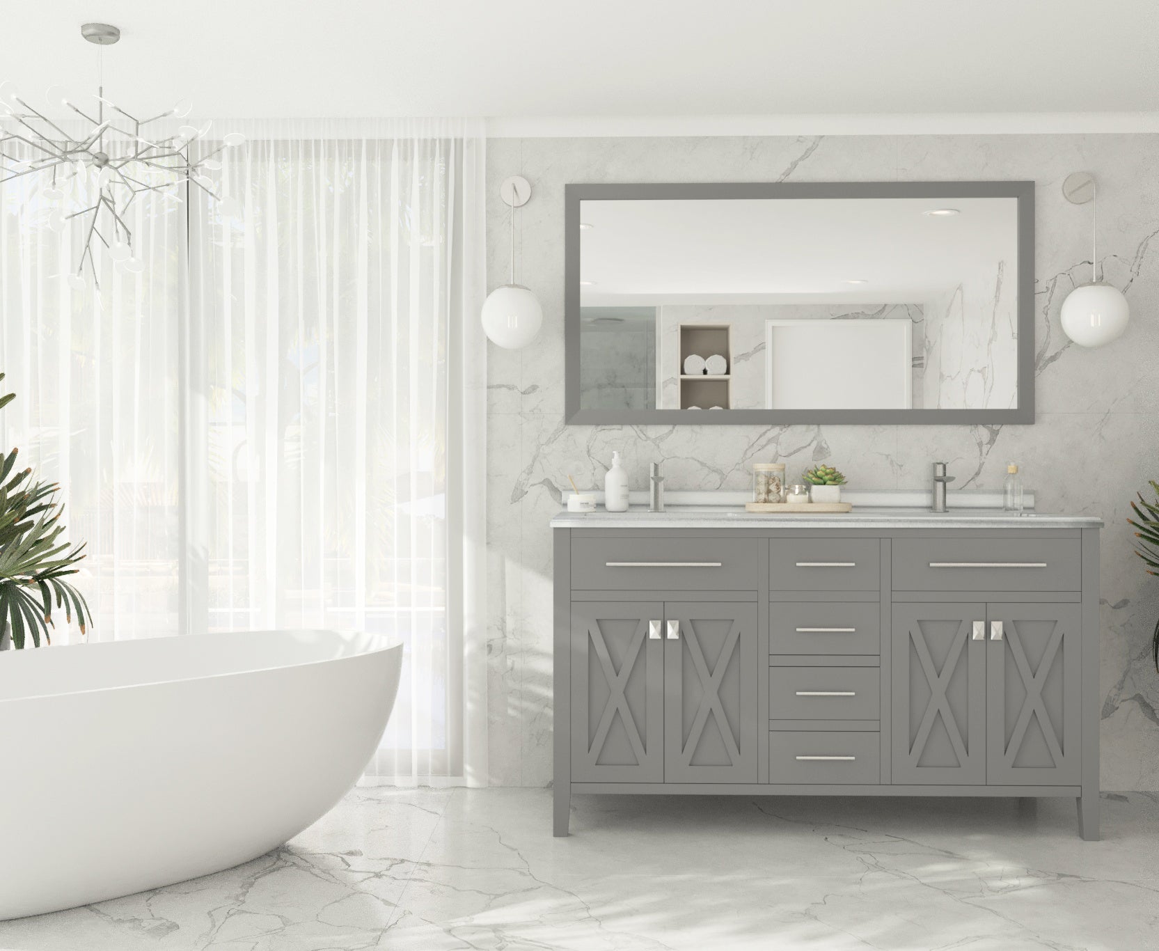 Wimbledon 60" Grey Double Sink Bathroom Vanity with White Stripes Marble Countertop