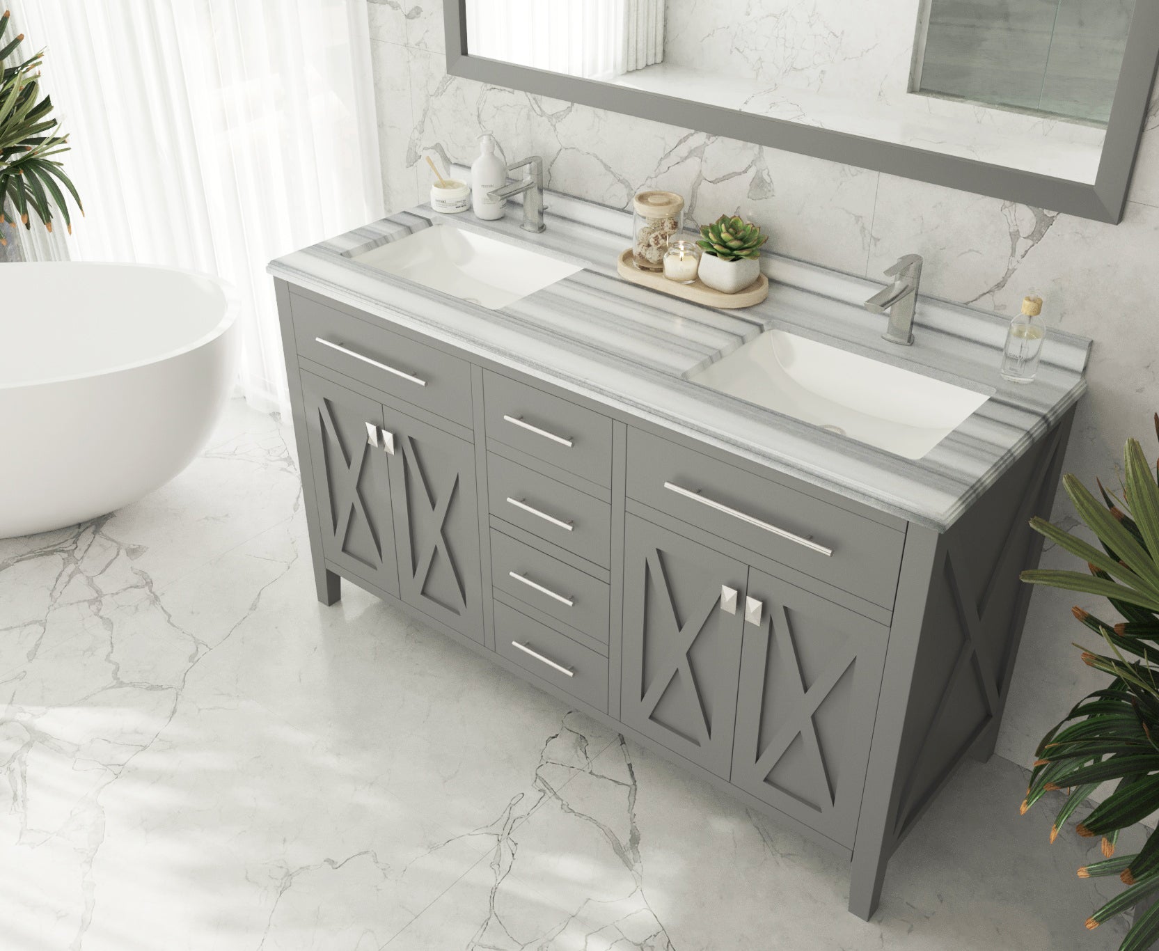 Wimbledon 60" Grey Double Sink Bathroom Vanity with White Stripes Marble Countertop