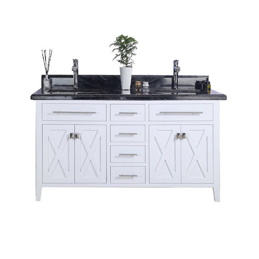 Wimbledon 60" White Double Sink Bathroom Vanity with Black Wood Marble Countertop