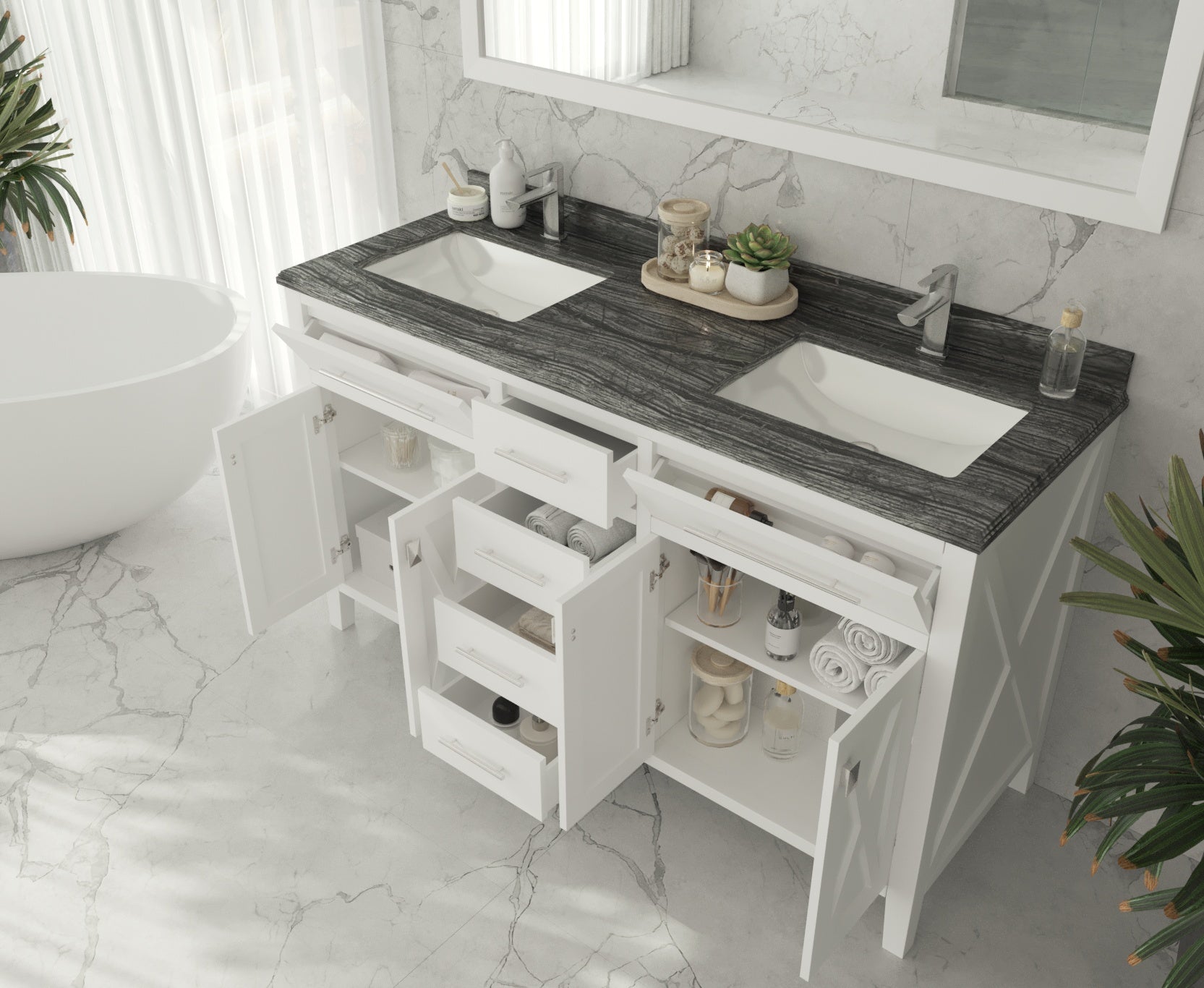 Wimbledon 60" White Double Sink Bathroom Vanity with Black Wood Marble Countertop