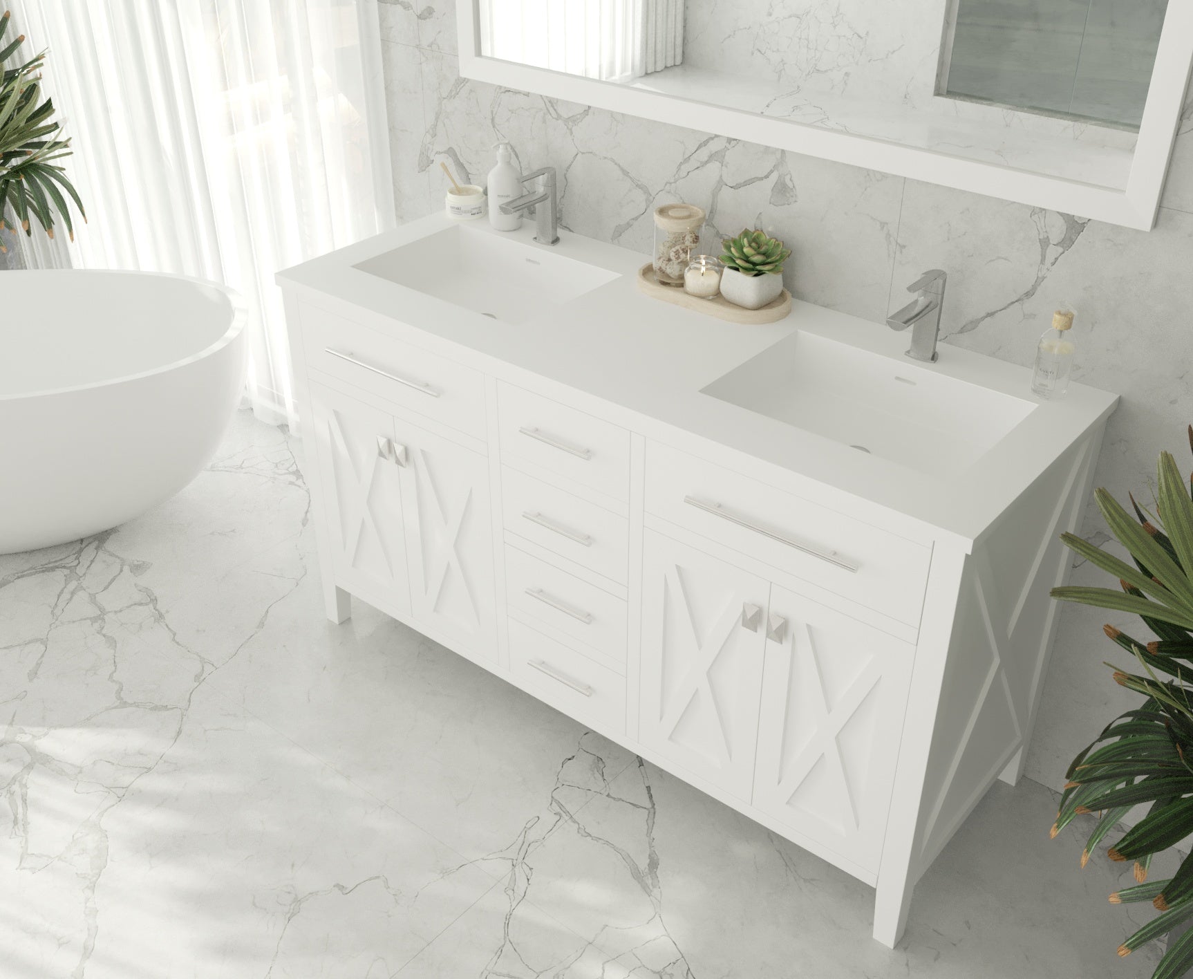 Wimbledon 60" White Double Sink Bathroom Vanity with Matte White VIVA Stone Solid Surface Countertop