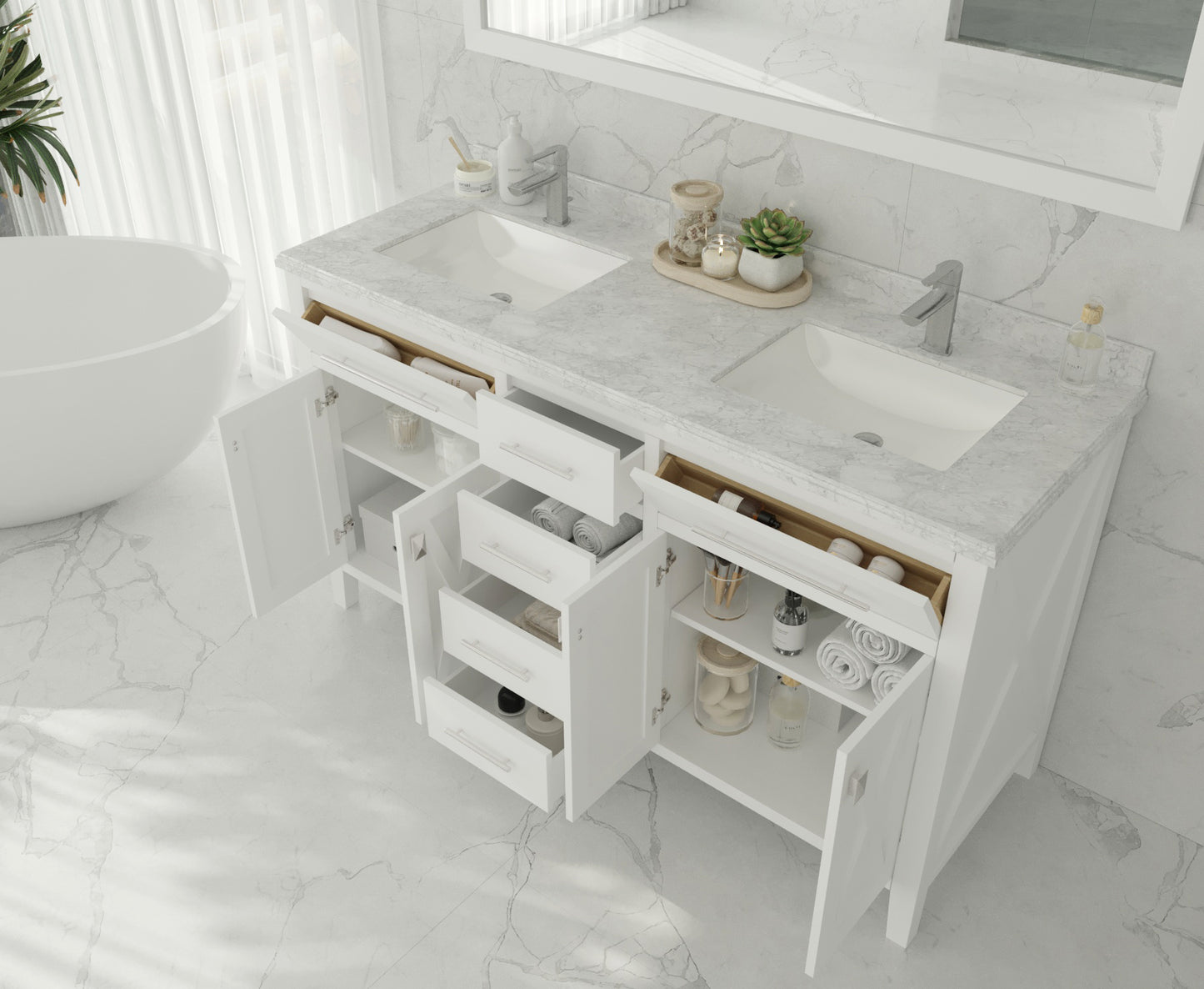 Wimbledon 60" White Double Sink Bathroom Vanity with Matte White VIVA Stone Solid Surface Countertop