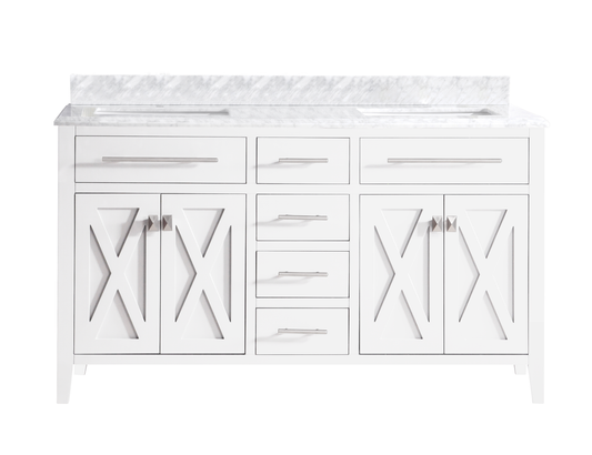 Wimbledon 60" White Double Sink Bathroom Vanity with White Carrara Marble Countertop