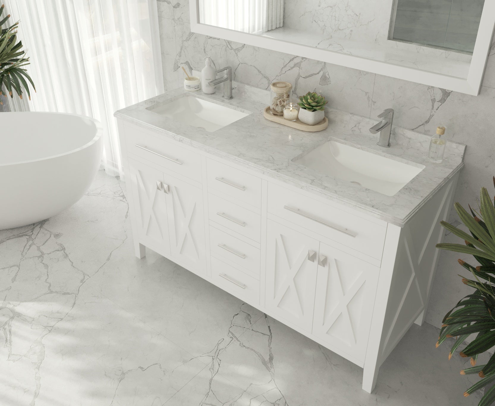 Wimbledon 60" White Double Sink Bathroom Vanity with White Carrara Marble Countertop