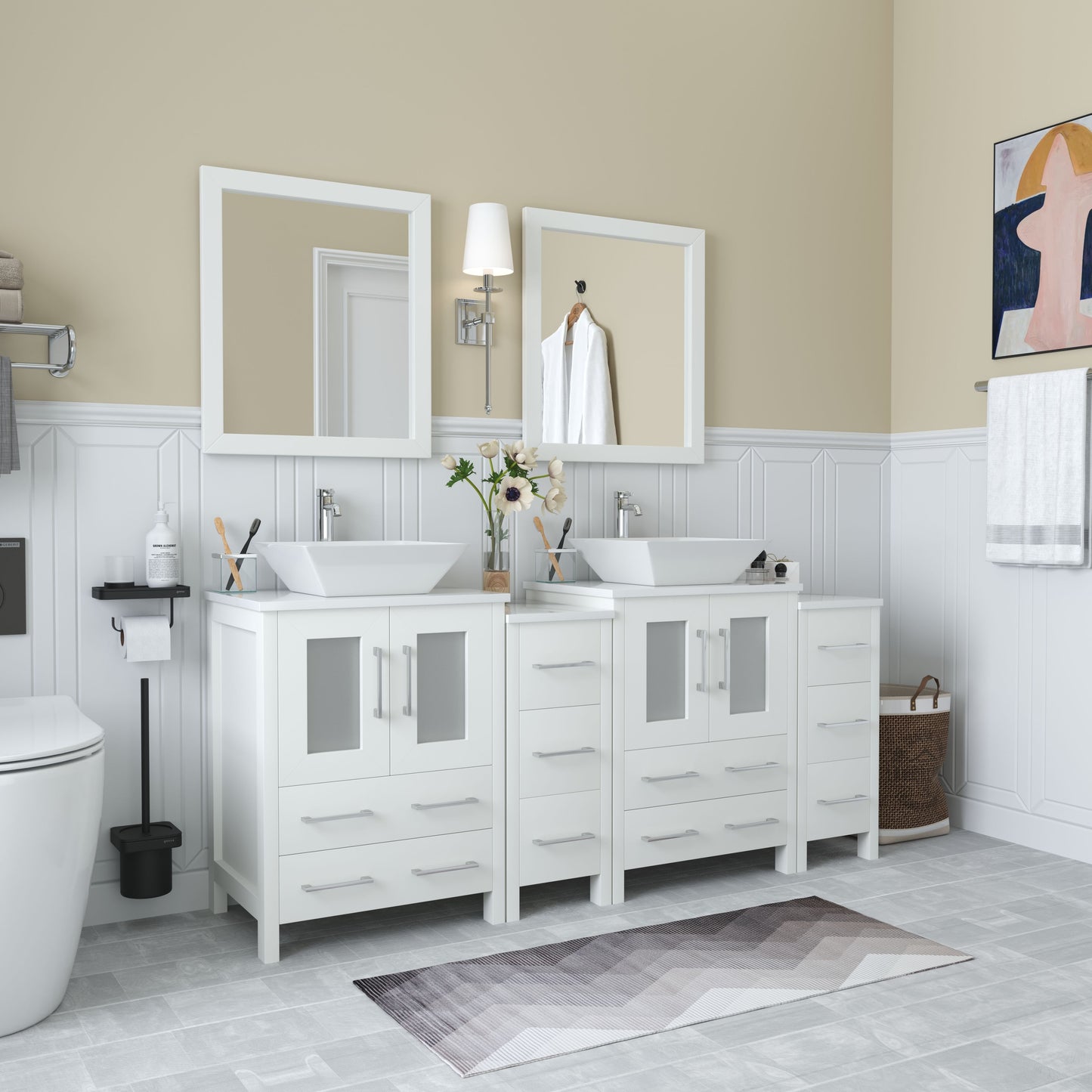 72 Inch Double Sink Bathroom Vanity in White with Marble Countertop - Vanity Art VA3124-72W