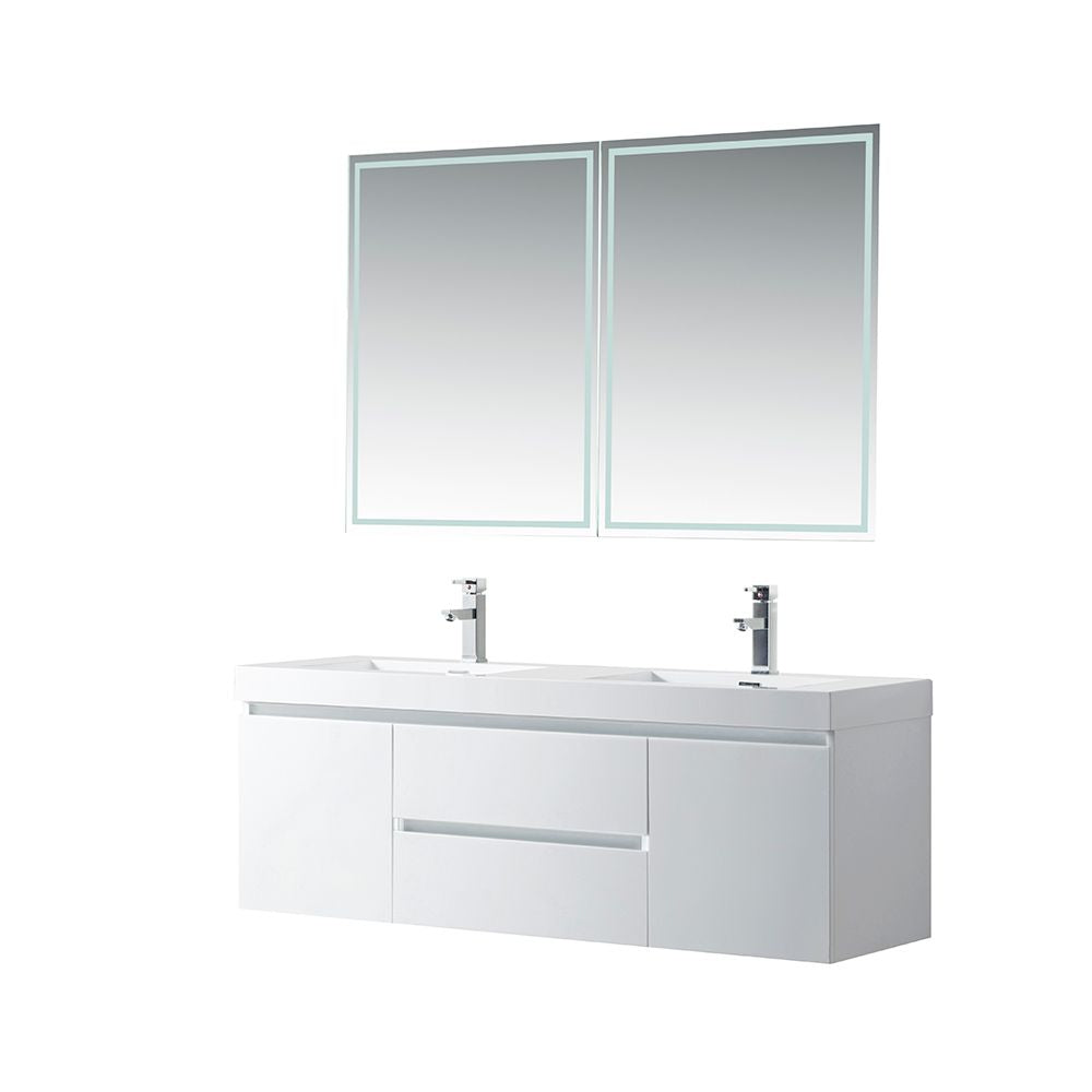 60 Inch Wall Hung Double Sink Bathroom Vanity in White with Resin Top - Vanity Art VA6060DW