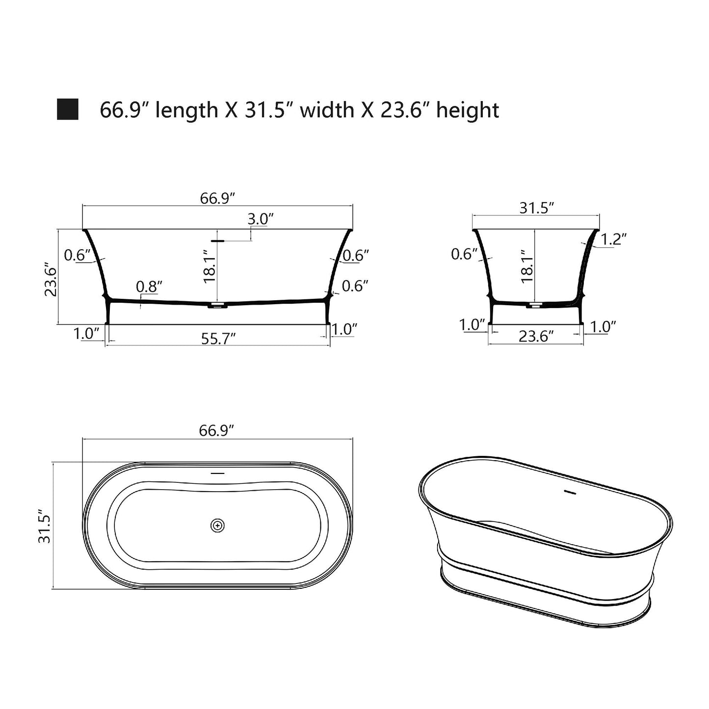 Freestanding Solid Surface Resin Matte Bathtub 67 Inch x 31.5 Inch - Vanity Art VA6919-ML