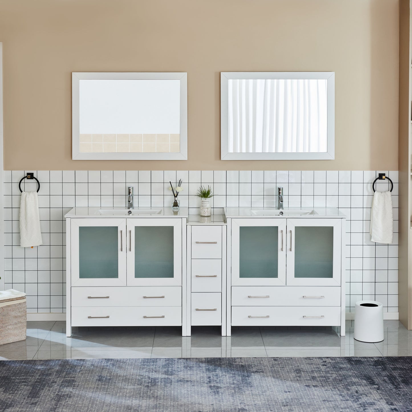 84 Inch Double Sink Bathroom Vanity in White with Ceramic Countertop - Vanity Art VA3036-84W