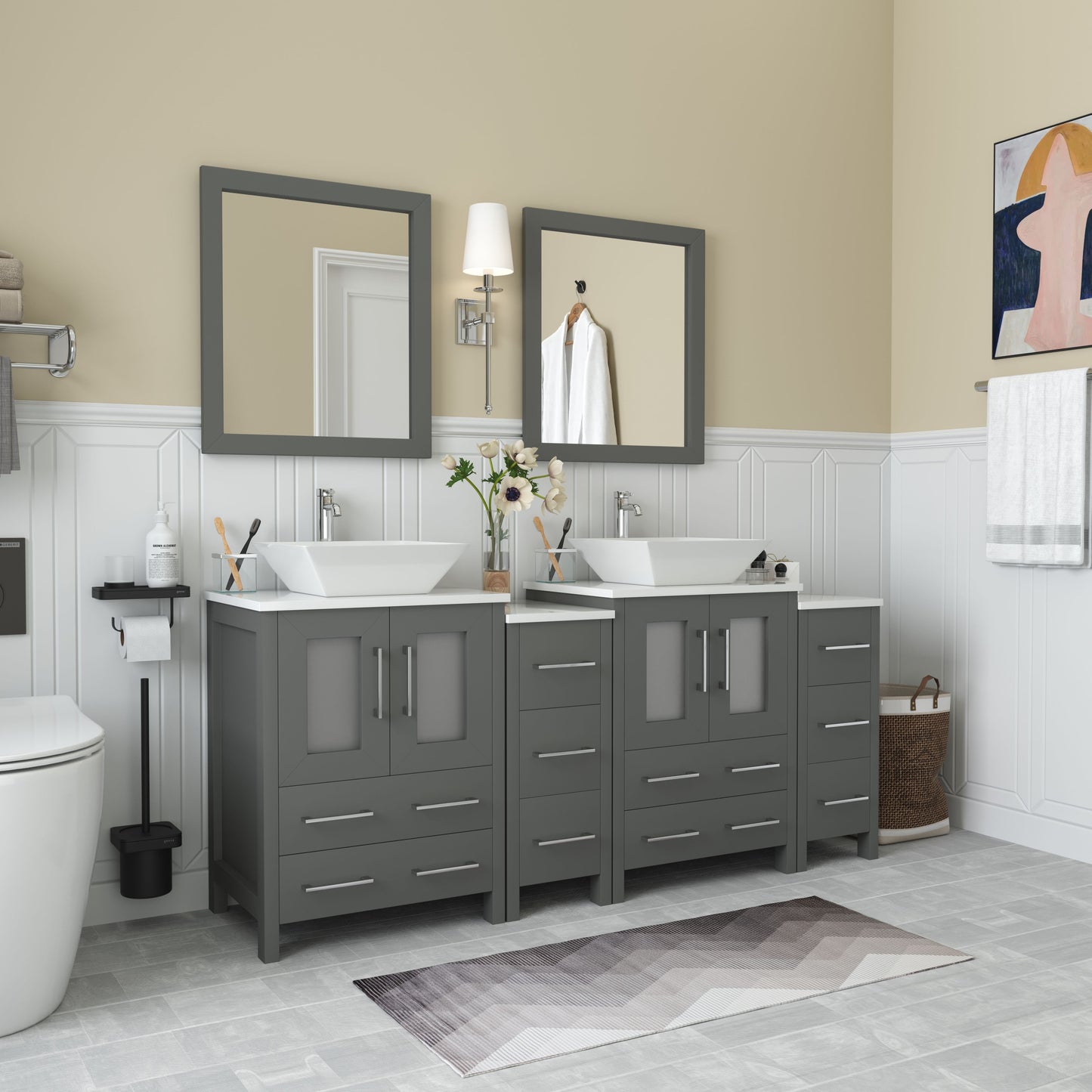 72 Inch Double Sink Bathroom Vanity in Gray with Marble Countertop - Vanity Art VA3124-72G