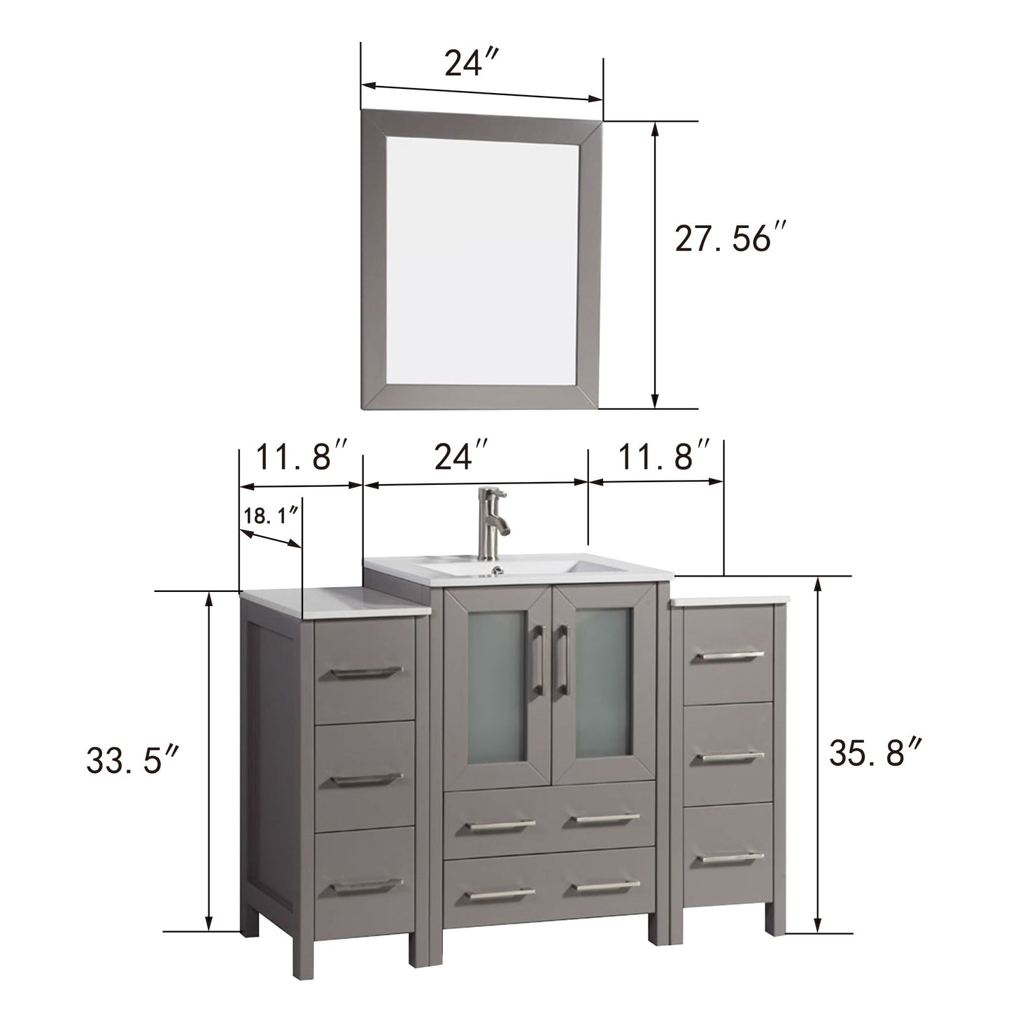 48 Inch Single Sink Bathroom Vanity in Gray with Ceramic Countertop - Vanity Art VA3024-48G