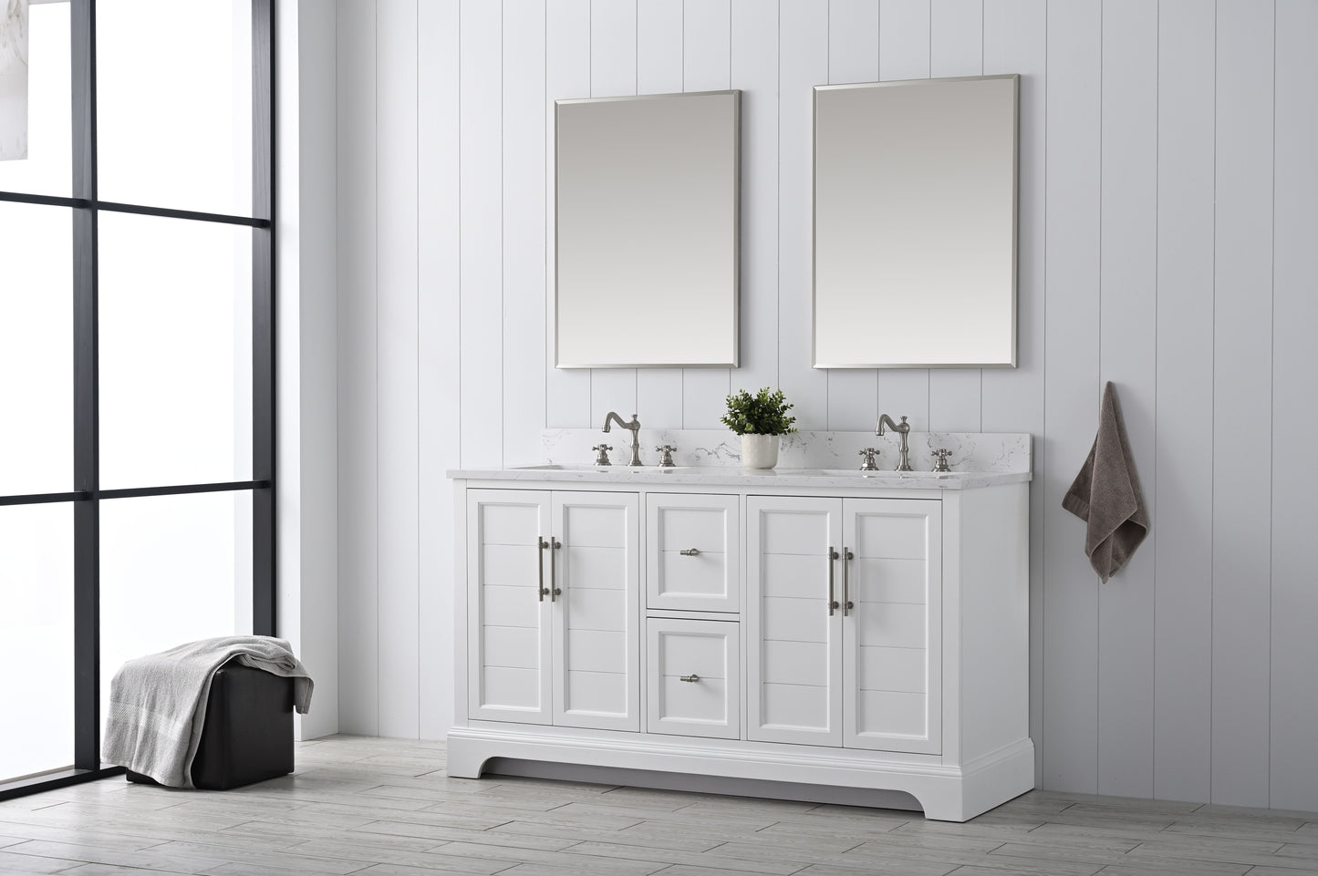 60 Inch Double Sink Bathroom Vanity in White with Marble Countertop & Backsplash - Vanity Art VA5060-DW