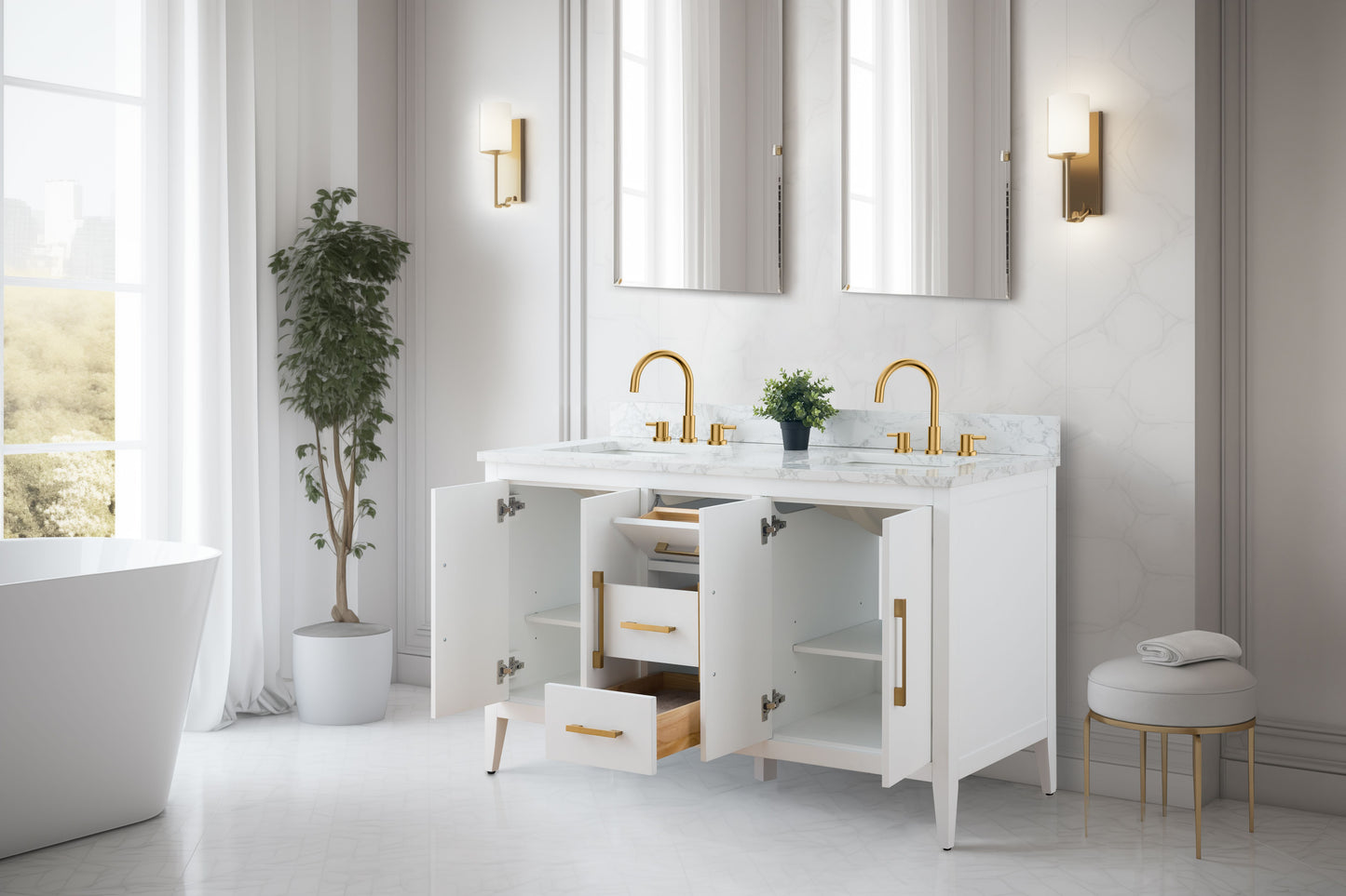 60 Inch Double Sink Bathroom Vanity in White with Marble Countertop - Vanity Art VA9060-DW