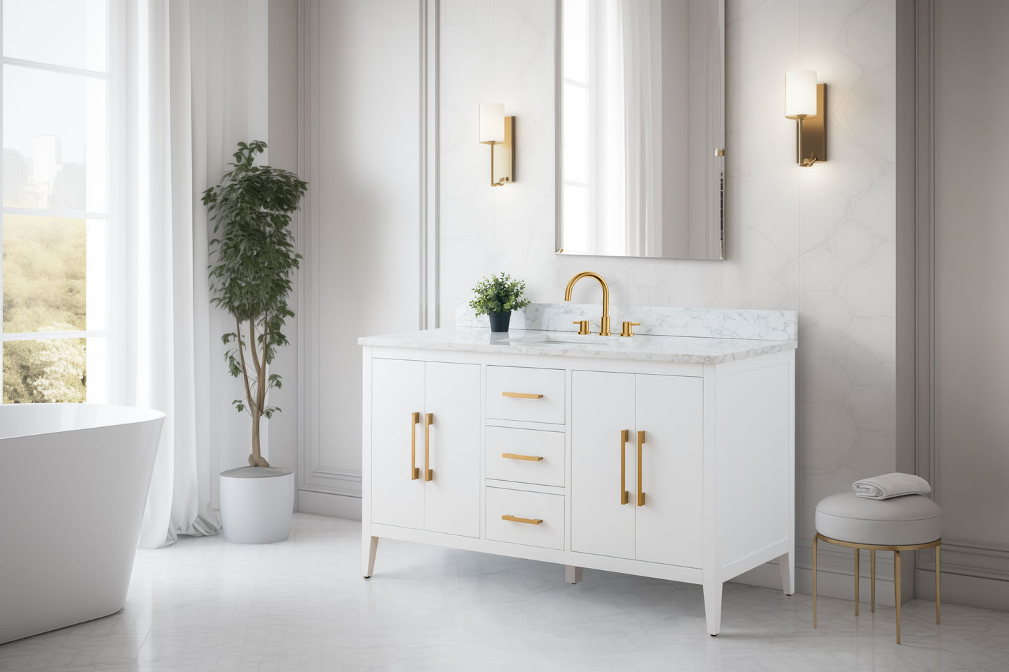 60 Inch Single Sink Bathroom Vanity in White with Marble Countertop - Vanity Art VA9060-SW