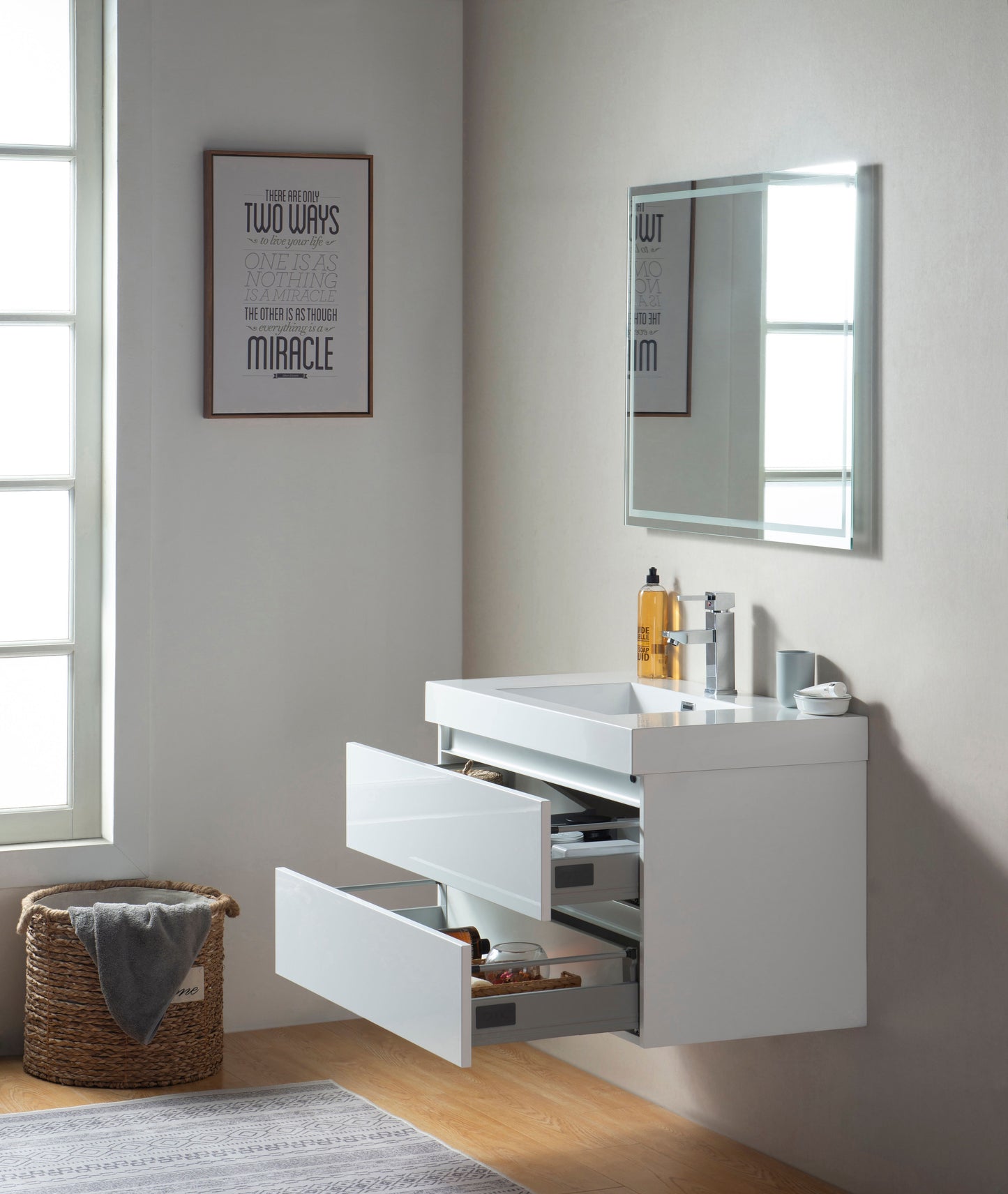 36 Inch LED Lighted Wall Hung Single Sink Bathroom Vanity in White with Resin Top - Vanity Art VA6036WL