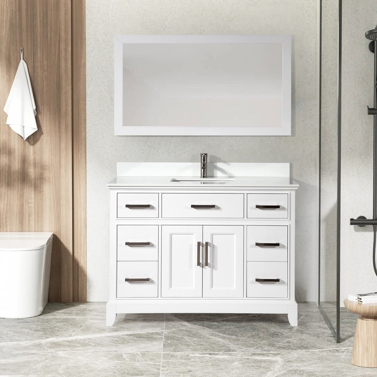 48 Inch Single Sink Bathroom Vanity in White with White Marble Countertop - Vanity Art VA1048W