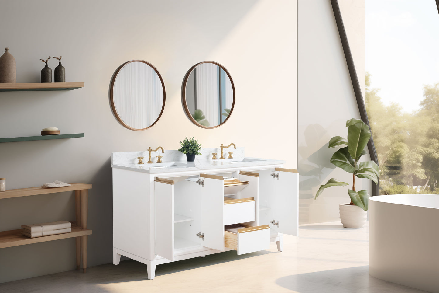 60 Inch Double Sink Bathroom Vanity in White with Marble Countertop - Vanity Art VA8060-DW