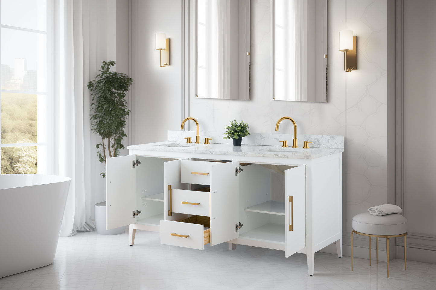 72 Inch Double Sink Bathroom Vanity in White with Marble Countertop - Vanity Art VA9072-DW