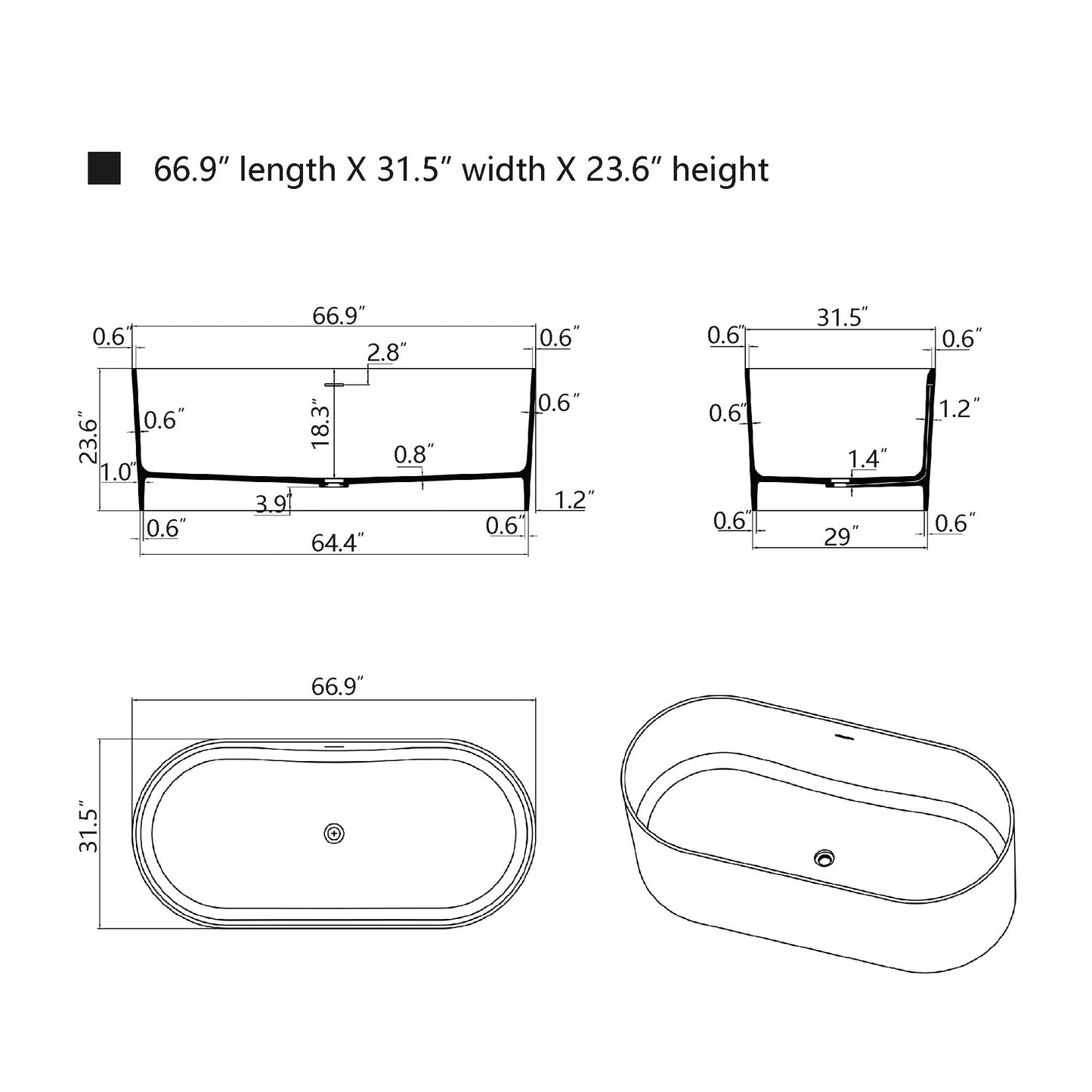 Freestanding Solid Surface Resin Glossy Bathtub 67 Inch x 31.5 Inch - Vanity Art VA6920-GL