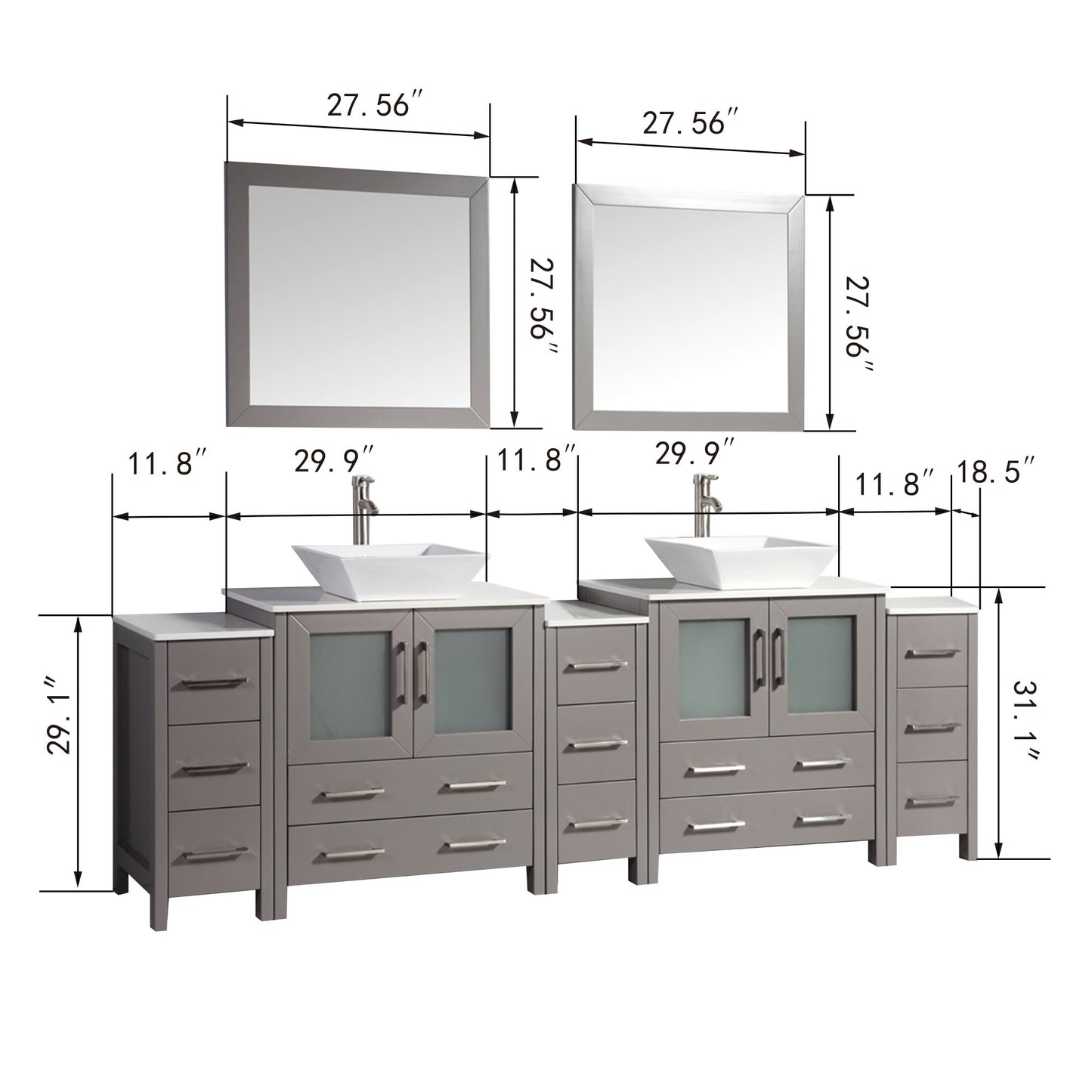 96 Inch Double Sink Bathroom Vanity in Gray with Marble Countertop - Vanity Art VA3130-96G