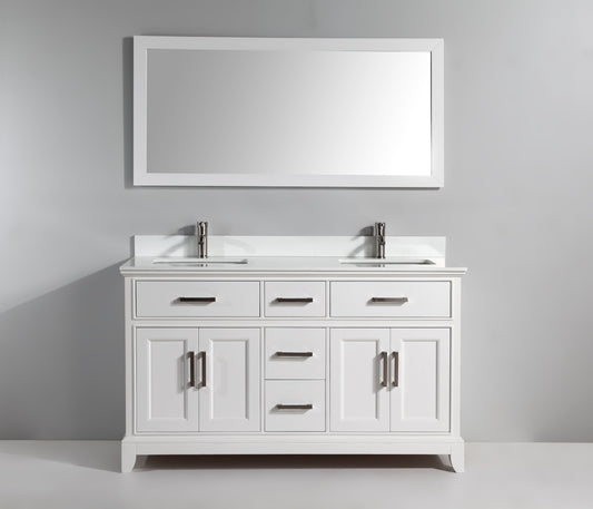 60 Inch Double Sink Bathroom Vanity in White with White Marble Countertop - Vanity Art VA1060DW