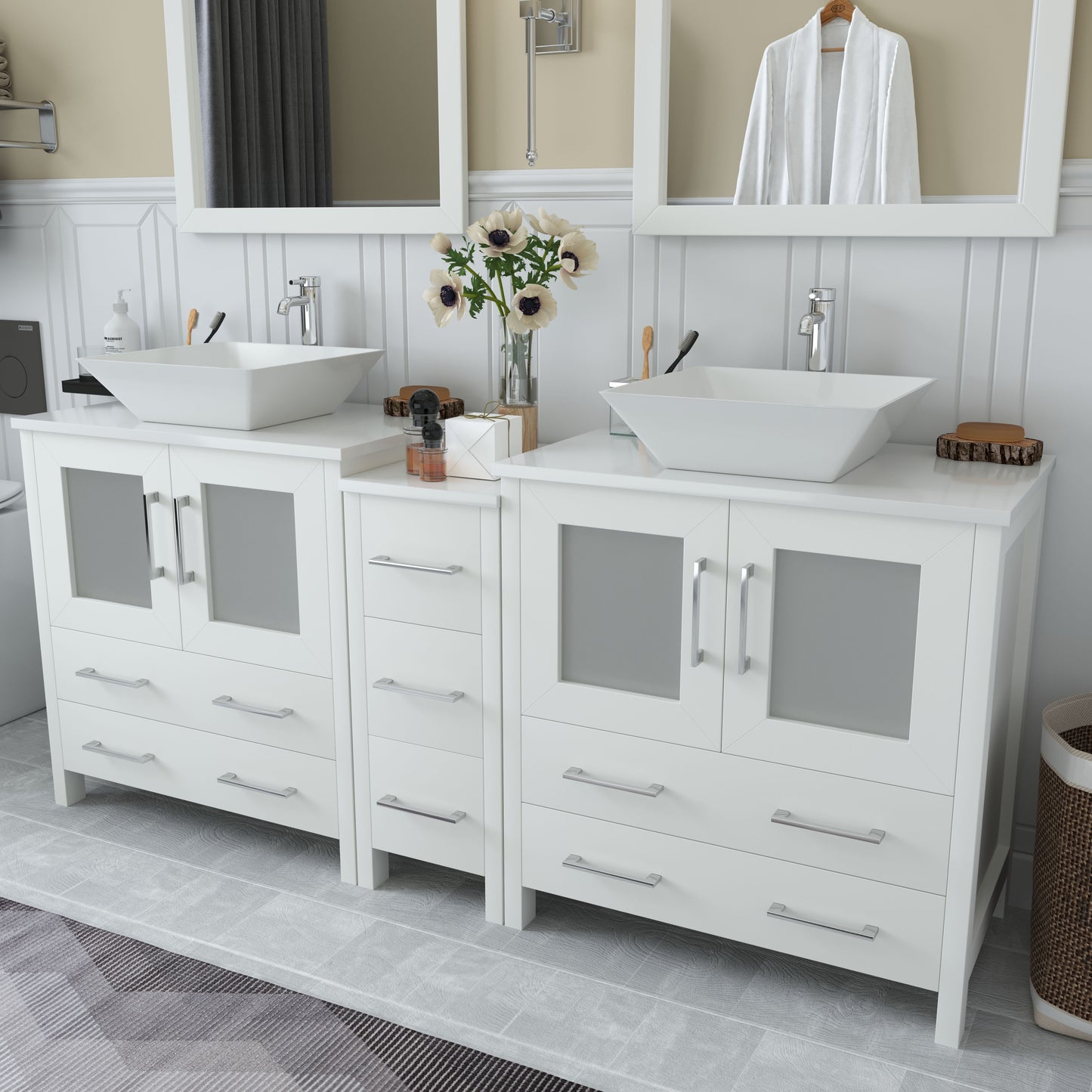 72 Inch Double Sink Bathroom Vanity in White with Marble Countertop - Vanity Art VA3130-72W