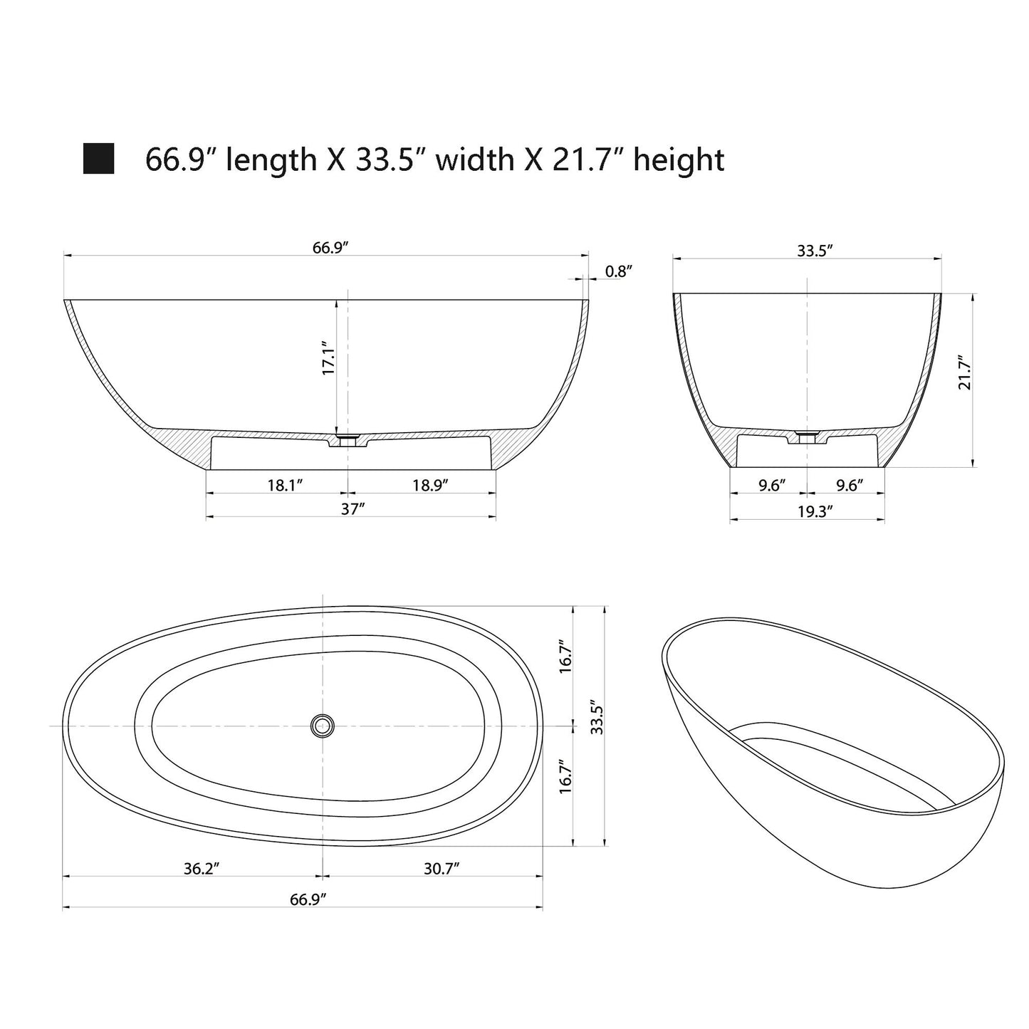 Freestanding Oval-Shaped Stone Resin Bathtub 67 Inch x 33.5 Inch - Vanity Art VA6913-PCL