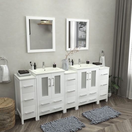 84 Inch Double Sink Bathroom Vanity in White with Ceramic Countertop - Vanity Art VA3024-84W