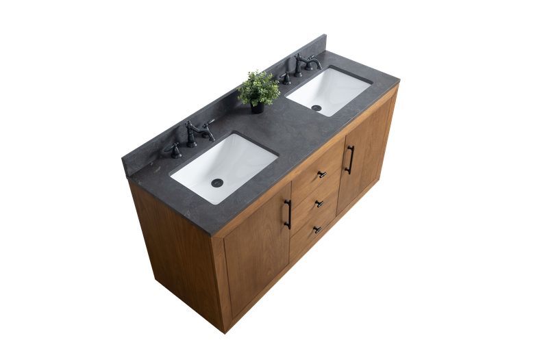 60 Inch Double Sink Bathroom Vanity in Tan with Limestone Top - Vanity Art VA7060-DT-BT