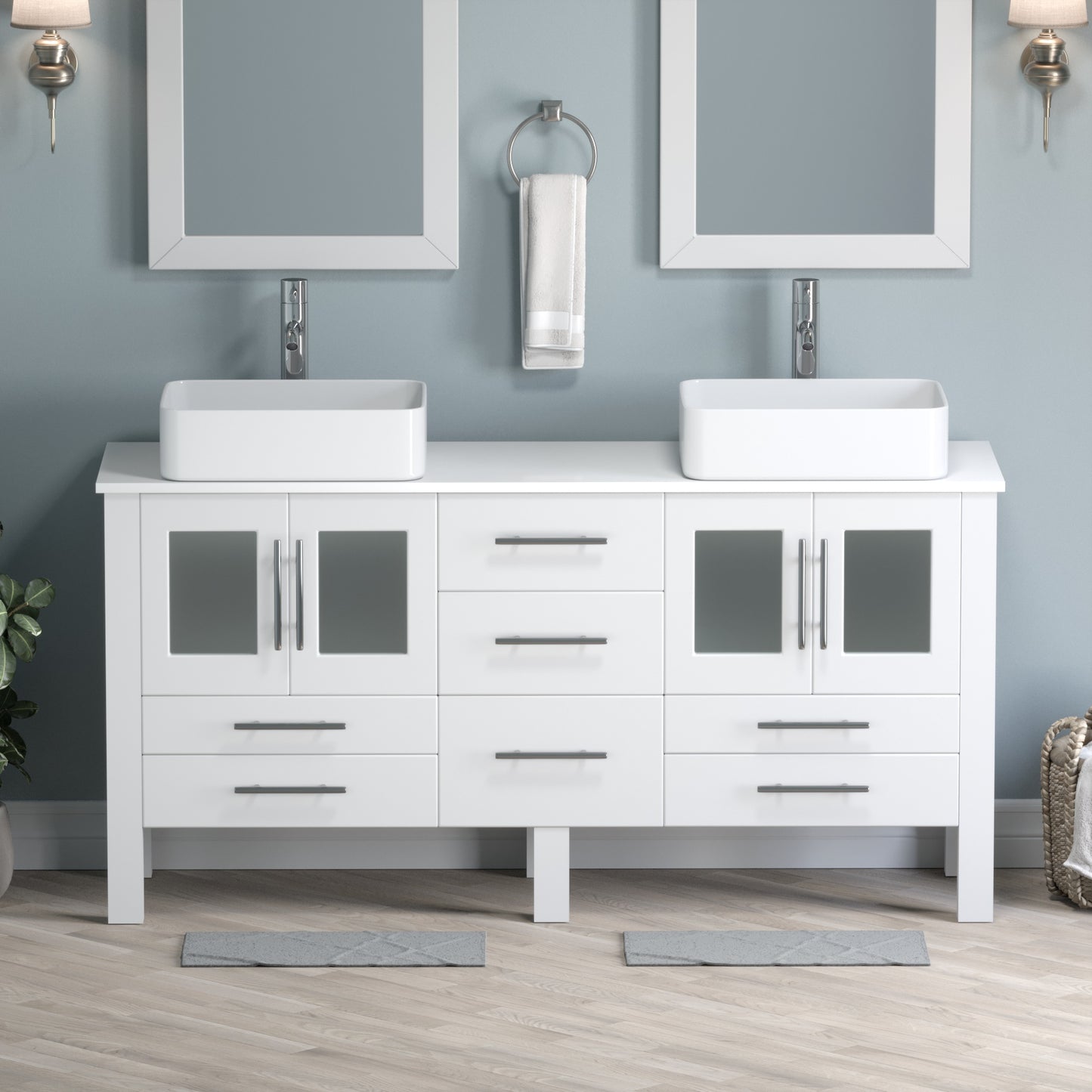 Complete 63 Inch White Vanity Set with Polished Chrome Plumbing - 8119w