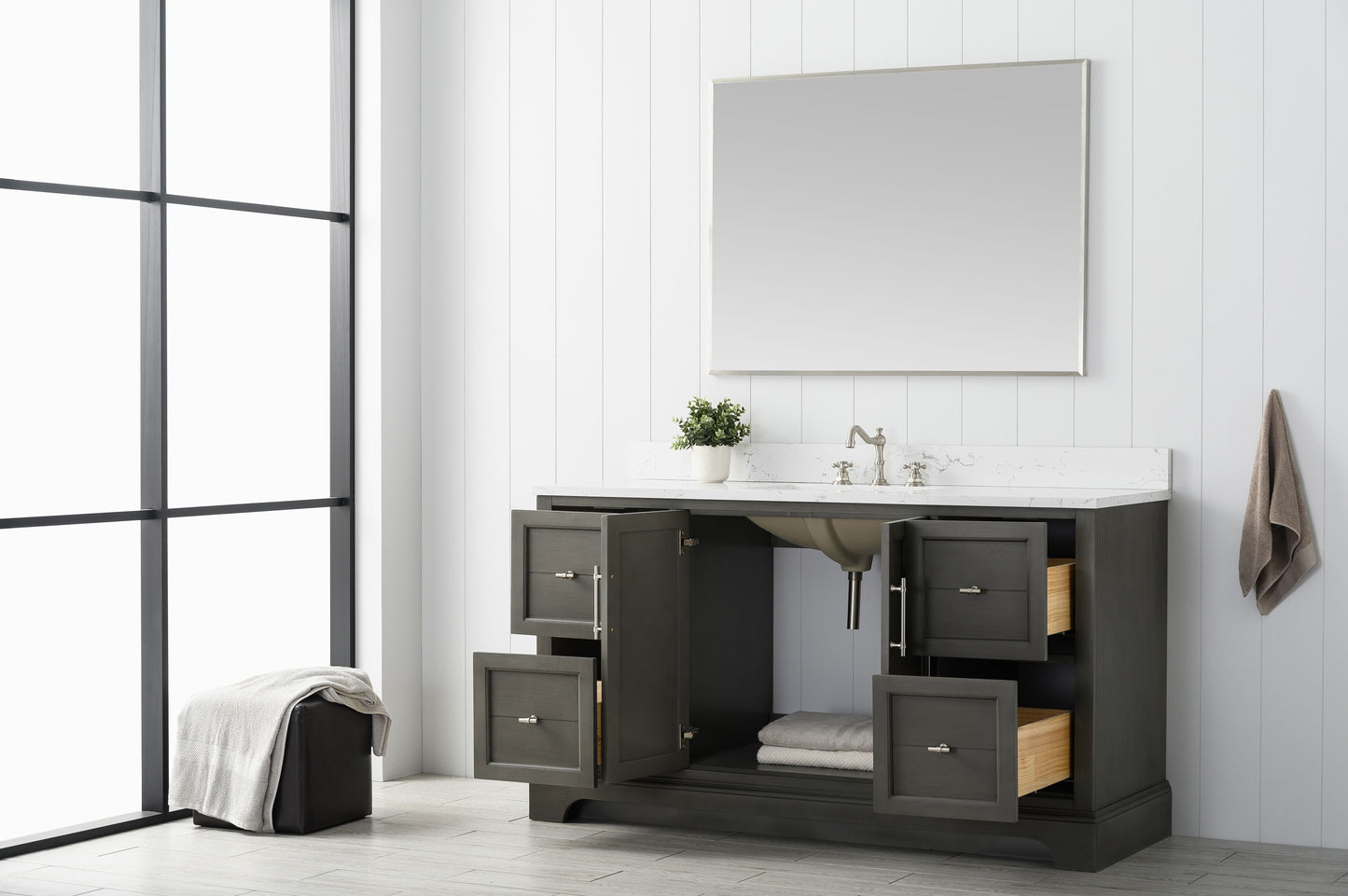 60 Inch Single Sink Bathroom Vanity in Gray with Marble Countertop & Backsplash - Vanity Art VA5060-SSG