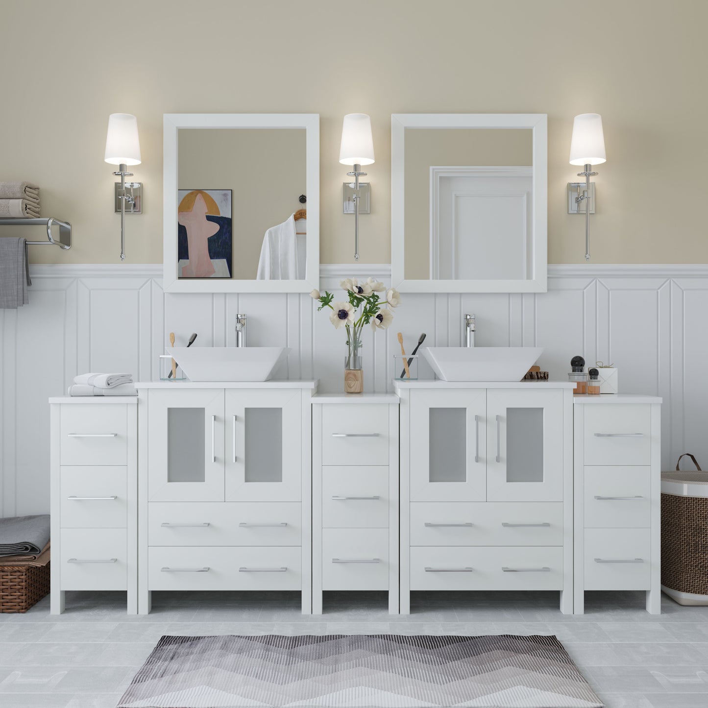 84 Inch Double Sink Bathroom Vanity in White with Marble Countertop - Vanity Art VA3124-84W