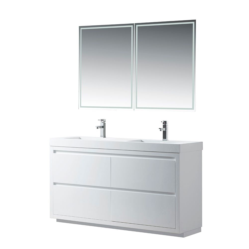 60 Inch Double Sink Bathroom Vanity in White with Resin Top - Vanity Art VA6060DWF