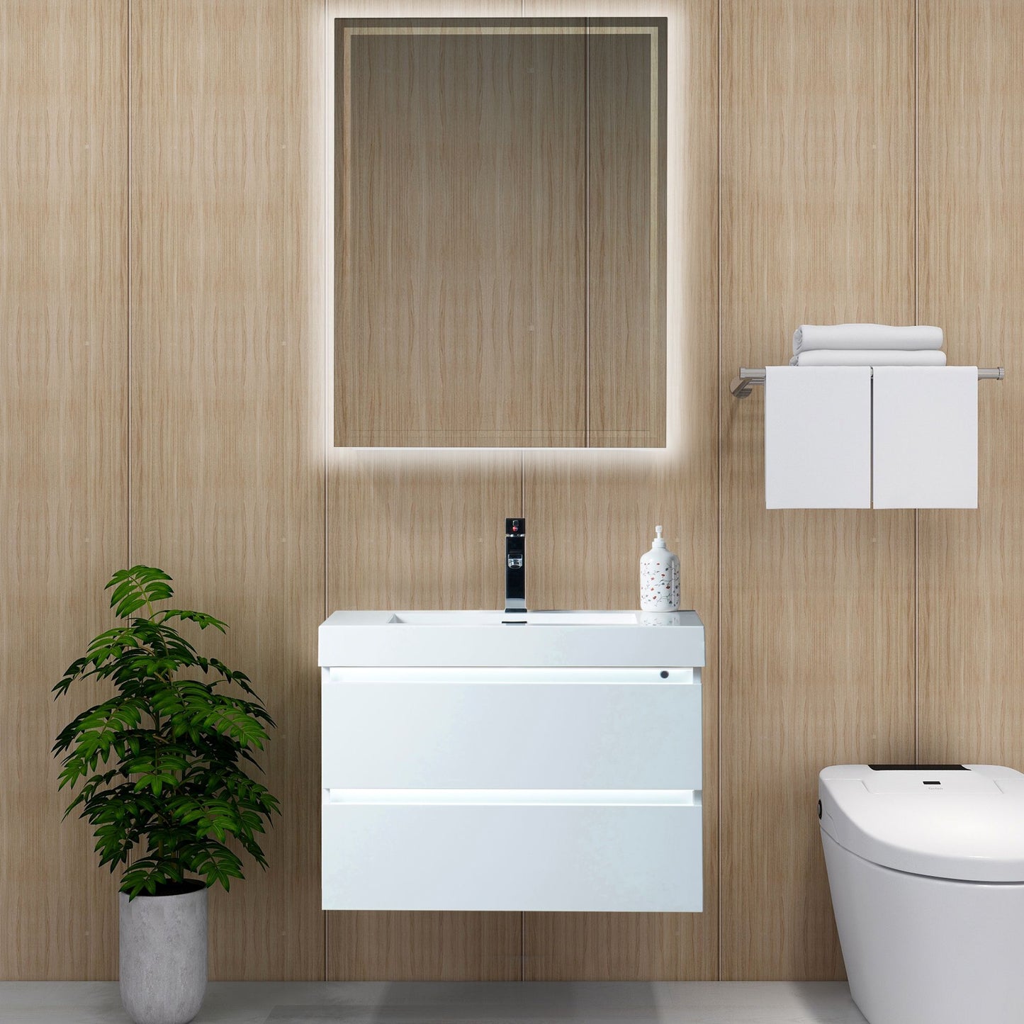 30 Inch LED Lighted Wall Hung Single Sink Bathroom Vanity in White with Resin Top - Vanity Art VA6030WL